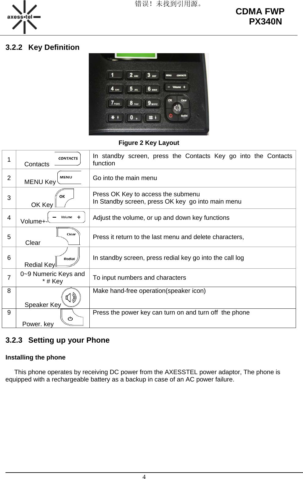 错误！未找到引用源。                                                                                                   4 CDMA FWP PX340N3.2.2 Key Definition  Figure 2 Key Layout 1  Contacts     In standby screen, press the Contacts Key go into the Contacts function 2  MENU Key   Go into the main menu 3  OK Key  Press OK Key to access the submenu In Standby screen, press OK key  go into main menu 4  Volume+-  Adjust the volume, or up and down key functions 5  Clear                 Press it return to the last menu and delete characters, 6  Redial Key  In standby screen, press redial key go into the call log 7  0~9 Numeric Keys and * # Key  To input numbers and characters 8 Speaker Key  Make hand-free operation(speaker icon) 9 Power. key    Press the power key can turn on and turn off  the phone  3.2.3  Setting up your Phone  Installing the phone        This phone operates by receiving DC power from the AXESSTEL power adaptor, The phone is equipped with a rechargeable battery as a backup in case of an AC power failure.            