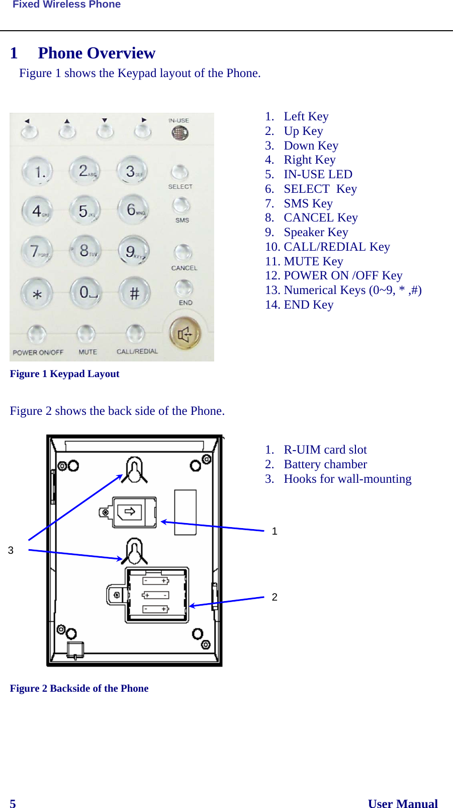  Fixed Wireless Phone 5                                                                                                                User Manual 1 Phone Overview Figure 1 shows the Keypad layout of the Phone.     Figure 1 Keypad Layout  1. Left Key 2. Up Key 3. Down Key 4. Right Key   5. IN-USE LED 6. SELECT  Key 7. SMS Key 8. CANCEL Key 9. Speaker Key   10. CALL/REDIAL Key 11. MUTE Key 12. POWER ON /OFF Key   13. Numerical Keys (0~9, * ,#) 14. END Key      Figure 2 shows the back side of the Phone.     Figure 2 Backside of the Phone    1. R-UIM card slot 2. Battery chamber 3. Hooks for wall-mounting       1 2 3 