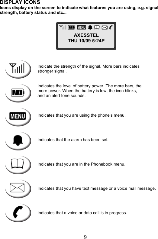  9  DISPLAY ICONS  Icons display on the screen to indicate what features you are using, e.g. signal strength, battery status and etc...                                           Indicate the strength of the signal. More bars indicates                                 stronger signal.                                   Indicates the level of battery power. The more bars, the                                 more power. When the battery is low, the icon blinks,                                 and an alert tone sounds.                                    Indicates that you are using the phone&apos;s menu.                                     Indicates that the alarm has been set.                                     Indicates that you are in the Phonebook menu.                                     Indicates that you have text message or a voice mail message.                                          Indicates that a voice or data call is in progress.  AXESSTEL THU 10/09 5:24P