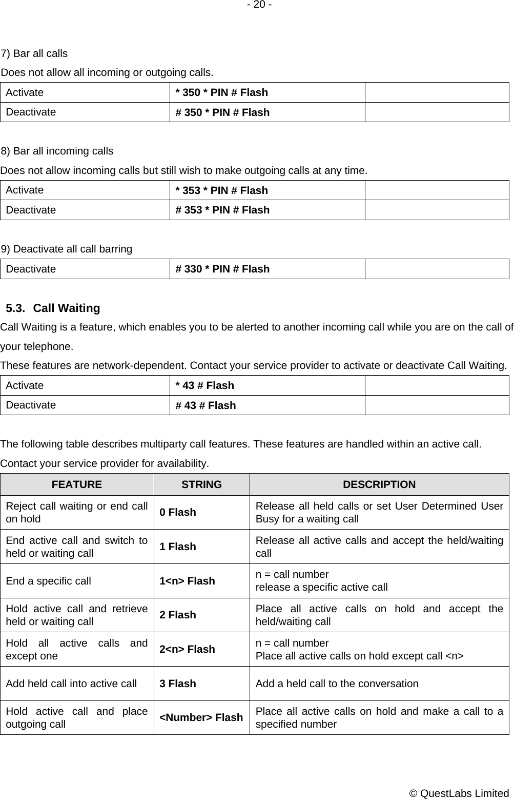- 20 -           © QuestLabs Limited 7) Bar all calls Does not allow all incoming or outgoing calls. Activate  * 350 * PIN # Flash   Deactivate  # 350 * PIN # Flash    8) Bar all incoming calls Does not allow incoming calls but still wish to make outgoing calls at any time. Activate  * 353 * PIN # Flash   Deactivate  # 353 * PIN # Flash    9) Deactivate all call barring Deactivate  # 330 * PIN # Flash    5.3. Call Waiting Call Waiting is a feature, which enables you to be alerted to another incoming call while you are on the call of your telephone.   These features are network-dependent. Contact your service provider to activate or deactivate Call Waiting. Activate  * 43 # Flash   Deactivate  # 43 # Flash    The following table describes multiparty call features. These features are handled within an active call. Contact your service provider for availability. FEATURE  STRING  DESCRIPTION Reject call waiting or end call on hold  0 Flash  Release all held calls or set User Determined User Busy for a waiting call End active call and switch to held or waiting call  1 Flash  Release all active calls and accept the held/waiting call End a specific call  1&lt;n&gt; Flash  n = call number release a specific active call Hold active call and retrieve held or waiting call  2 Flash  Place all active calls on hold and accept the held/waiting call Hold all active calls and except one  2&lt;n&gt; Flash  n = call number Place all active calls on hold except call &lt;n&gt; Add held call into active call  3 Flash  Add a held call to the conversation Hold active call and place outgoing call  &lt;Number&gt; Flash Place all active calls on hold and make a call to a specified number 
