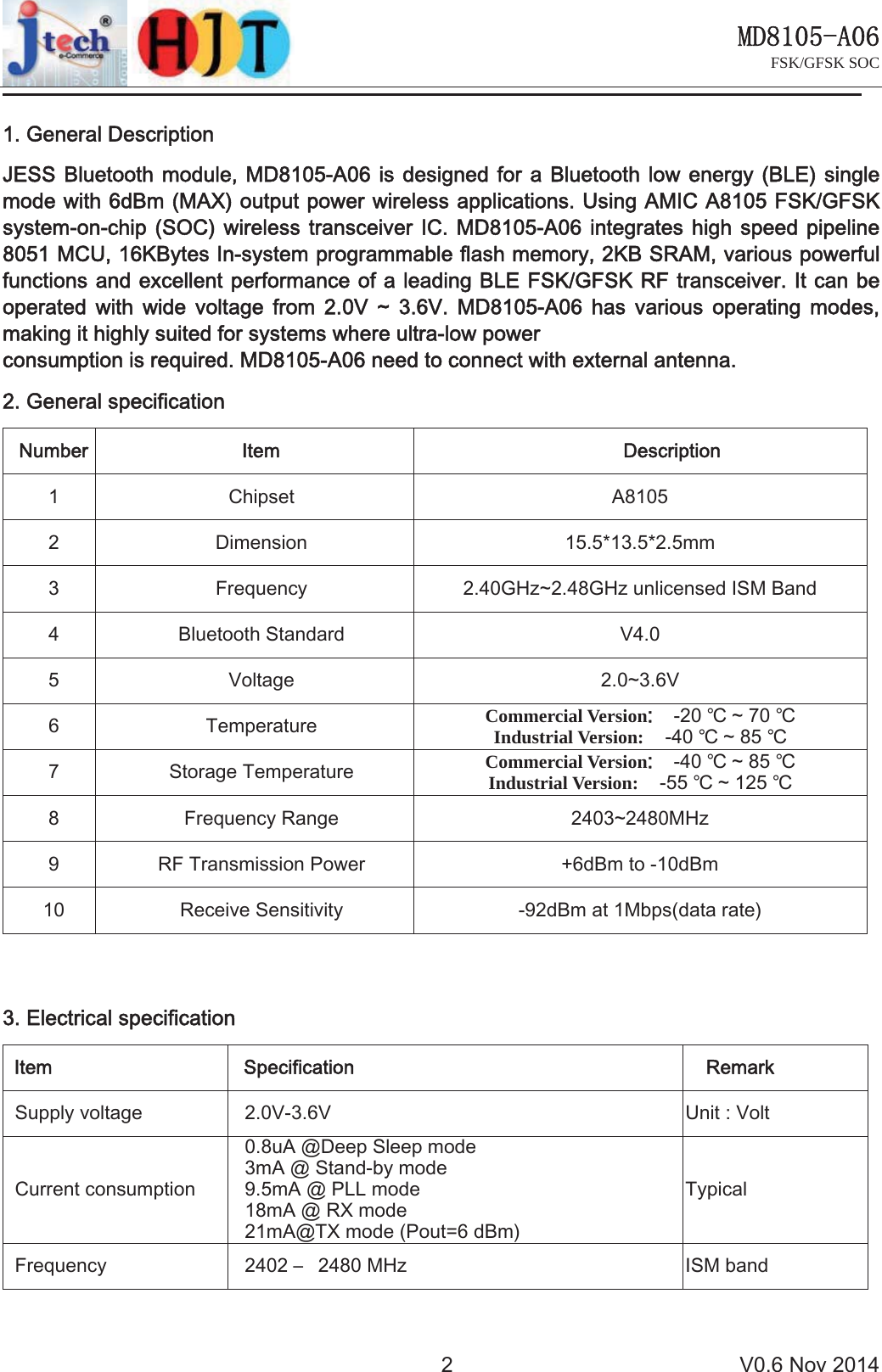 0'$FSK/GFSK SOC 91RY *HQHUDO'HVFULSWLRQ-(66%OXHWRRWKPRGXOH0'$LVGHVLJQHGIRUD%OXHWRRWKORZHQHUJ\%/(VLQJOHPRGHZLWKG%P0$;RXWSXWSRZHUZLUHOHVVDSSOLFDWLRQV8VLQJ$0,&amp;$)6.*)6.V\VWHPRQFKLS 62&amp; ZLUHOHVVWUDQVFHLYHU ,&amp; 0'$ LQWHJUDWHV KLJK VSHHG SLSHOLQH0&amp;8.%\WHV,QV\VWHPSURJUDPPDEOHIODVKPHPRU\.%65$0YDULRXVSRZHUIXOIXQFWLRQVDQGH[FHOOHQWSHUIRUPDQFHRIDOHDGLQJ%/()6.*)6.5)WUDQVFHLYHU,WFDQEHRSHUDWHG ZLWK ZLGH YROWDJH IURP 9 a 9 0'$ KDV YDULRXV RSHUDWLQJ PRGHVPDNLQJLWKLJKO\VXLWHGIRUV\VWHPVZKHUHXOWUDORZSRZHUFRQVXPSWLRQLVUHTXLUHG0'$QHHGWRFRQQHFWZLWKH[WHUQDODQWHQQD *HQHUDOVSHFLILFDWLRQ1XPEHU ,WHP 'HVFULSWLRQ &amp;KLSVHW $ 'LPHQVLRQ PP )UHTXHQF\ *+]a*+]XQOLFHQVHG,60%DQG %OXHWRRWK6WDQGDUG 9 9ROWDJH a9 7HPSHUDWXUH Commercial Version ഒaഒIndustrial Version: ഒaഒ 6WRUDJH7HPSHUDWXUH Commercial Version ഒaഒIndustrial Version: ഒaഒ )UHTXHQF\5DQJH a0+] 5)7UDQVPLVVLRQ3RZHU G%PWRG%P 5HFHLYH6HQVLWLYLW\ G%PDW0ESVGDWDUDWH (OHFWULFDOVSHFLILFDWLRQ,WHP 6SHFLILFDWLRQ 5HPDUN6XSSO\YROWDJH 99 8QLW9ROW&amp;XUUHQWFRQVXPSWLRQX$#'HHS6OHHSPRGH P$#6WDQGE\PRGHP$#3//PRGHP$#5;PRGHP$#7;PRGH3RXW G%P7\SLFDO)UHTXHQF\ ದ 0+] ,60EDQG