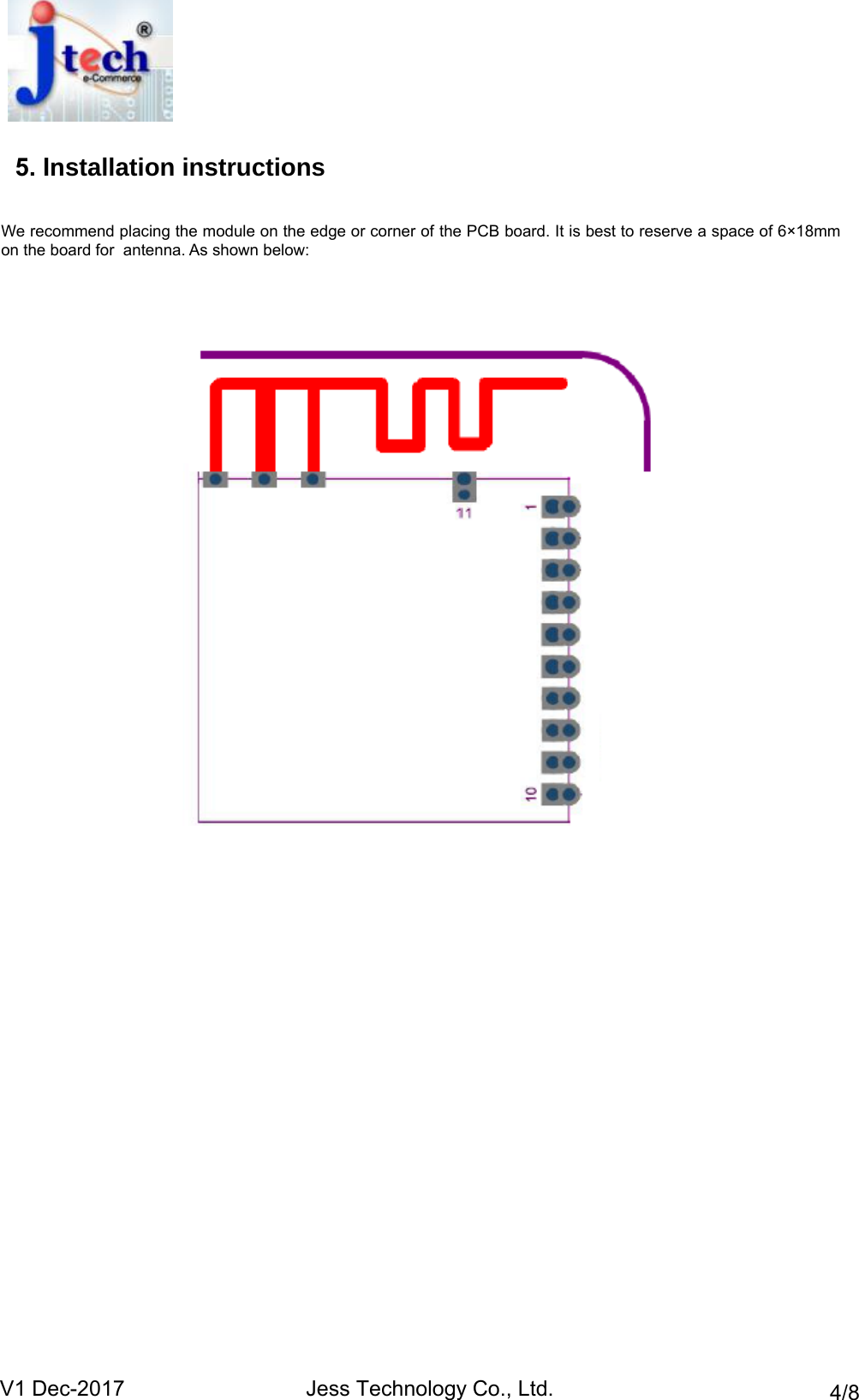 We recommend placing the module on the edge or corner of the PCB board. It is best to reserve a space of 6&times;18mm on the board for  antenna. As shown below: 5. Installation instructionsV1 Dec-2017 Jess Technology Co., Ltd. 4/8