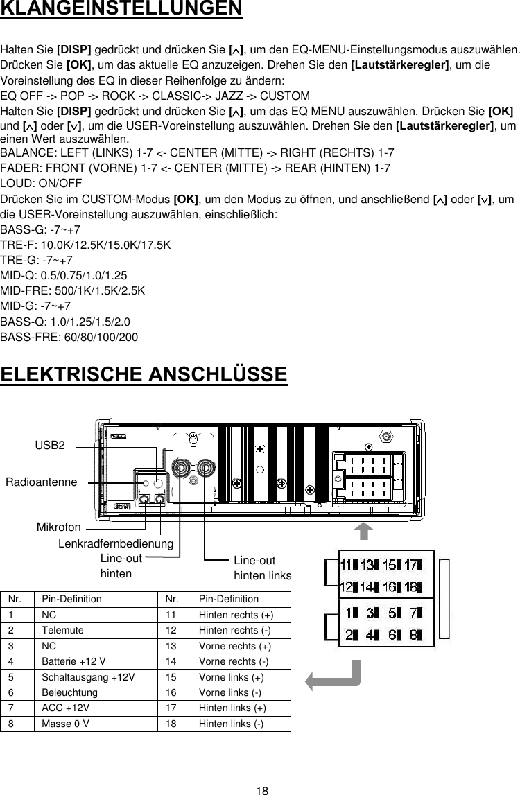 18  KLANGEINSTELLUNGEN  Halten Sie [DISP] gedrückt und drücken Sie [], um den EQ-MENU-Einstellungsmodus auszuwählen. Drücken Sie [OK], um das aktuelle EQ anzuzeigen. Drehen Sie den [Lautstärkeregler], um die Voreinstellung des EQ in dieser Reihenfolge zu ändern: EQ OFF -&gt; POP -&gt; ROCK -&gt; CLASSIC-&gt; JAZZ -&gt; CUSTOM Halten Sie [DISP] gedrückt und drücken Sie [], um das EQ MENU auszuwählen. Drücken Sie [OK] und [] oder [], um die USER-Voreinstellung auszuwählen. Drehen Sie den [Lautstärkeregler], um einen Wert auszuwählen.  BALANCE: LEFT (LINKS) 1-7 &lt;- CENTER (MITTE) -&gt; RIGHT (RECHTS) 1-7 FADER: FRONT (VORNE) 1-7 &lt;- CENTER (MITTE) -&gt; REAR (HINTEN) 1-7 LOUD: ON/OFF Drücken Sie im CUSTOM-Modus [OK], um den Modus zu öffnen, und anschließend [] oder [], um die USER-Voreinstellung auszuwählen, einschließlich: BASS-G: -7~+7 TRE-F: 10.0K/12.5K/15.0K/17.5K TRE-G: -7~+7 MID-Q: 0.5/0.75/1.0/1.25 MID-FRE: 500/1K/1.5K/2.5K MID-G: -7~+7 BASS-Q: 1.0/1.25/1.5/2.0 BASS-FRE: 60/80/100/200 ELEKTRISCHE ANSCHLÜSSE                Nr. Pin-Definition Nr. Pin-Definition 1 NC 11 Hinten rechts (+) 2 Telemute 12 Hinten rechts (-) 3 NC 13 Vorne rechts (+) 4 Batterie +12 V 14 Vorne rechts (-) 5 Schaltausgang +12V 15 Vorne links (+) 6 Beleuchtung 16 Vorne links (-) 7 ACC +12V 17 Hinten links (+) 8 Masse 0 V 18 Hinten links (-) Radioantenne USB2 Mikrofon Lenkradfernbedienung Line-out hinten rechts Line-out  hinten links  1O  3O  5O  7O 2O  4O  6O  8O A 