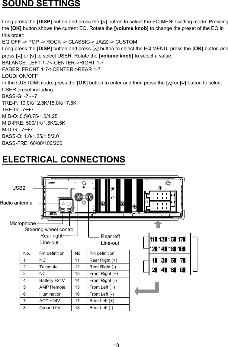 18  SOUND SETTINGS  Long press the [DISP] button and press the [] button to select the EQ MENU setting mode. Pressing the [OK] button shows the current EQ. Rotate the [volume knob] to change the preset of the EQ in this order: EQ OFF -&gt; POP -&gt; ROCK -&gt; CLASSIC-&gt; JAZZ -&gt; CUSTOM Long press the [DISP] button and press [] button to select the EQ MENU, press the [OK] button and press [] or [] to select USER. Rotate the [volume knob] to select a value.  BALANCE: LEFT 1-7&lt;-CENTER-&gt;RIGHT 1-7 FADER: FRONT 1-7&lt;-CENTER-&gt;REAR 1-7 LOUD: ON/OFF In the CUSTOM mode, press the [OK] button to enter and then press the [] or [] button to select USER preset including: BASS-G: -7~+7 TRE-F: 10.0K/12.5K/15.0K/17.5K TRE-G: -7~+7 MID-Q: 0.5/0.75/1.0/1.25 MID-FRE: 500/1K/1.5K/2.5K MID-G: -7~+7 BASS-Q: 1.0/1.25/1.5/2.0 BASS-FRE: 60/80/100/200 ELECTRICAL CONNECTIONS                 No. Pin definition No. Pin definition 1 NC 11 Rear Right (+) 2 Telemute 12 Rear Right (-) 3 NC 13 Front Right (+) 4 Battery +24V 14 Front Right (-) 5 AMP Remote 15 Front Left (+) 6 Illumination 16 Front Left (-) 7 ACC +24V 17 Rear Left (+) 8 Ground 0V 18 Rear Left (-) Radio antenna USB2 Microphone Steering wheel control Rear right Line-out Rear left  Line-out A 
