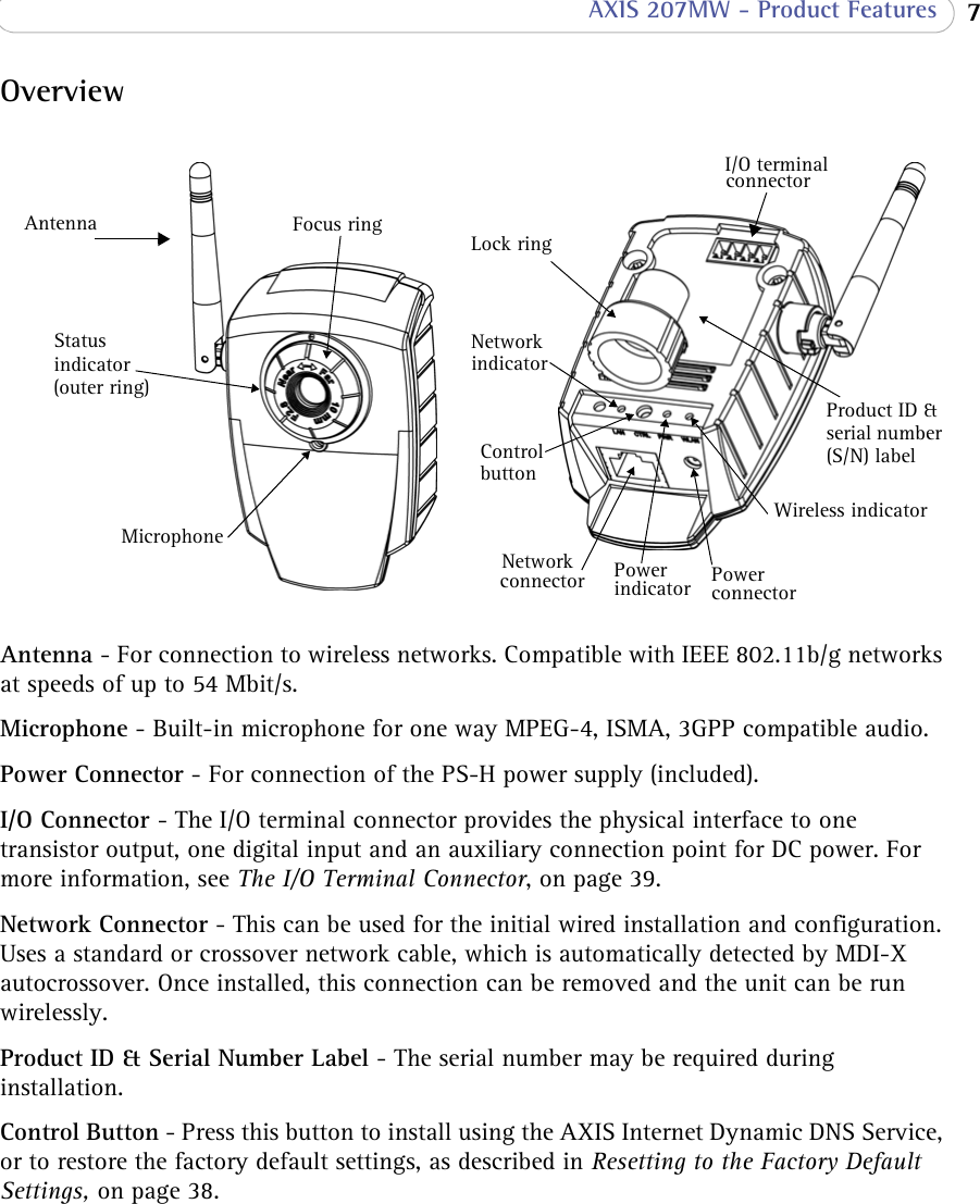 7 AXIS 207MW - Product FeaturesOverviewLock ringNetwork connectorNetwork indicatorControl buttonProduct ID &amp; serial number (S/N) labelWireless indicator PowerindicatorI/O terminalconnectorPowerconnectorFocus ringStatusindicator(outer ring)MicrophoneAntennaAntenna - For connection to wireless networks. Compatible with IEEE 802.11b/g networks at speeds of up to 54 Mbit/s.Microphone - Built-in microphone for one way MPEG-4, ISMA, 3GPP compatible audio.Power Connector - For connection of the PS-H power supply (included).I/O Connector - The I/O terminal connector provides the physical interface to one transistor output, one digital input and an auxiliary connection point for DC power. For more information, see The I/O Terminal Connector, on page 39.Network Connector - This can be used for the initial wired installation and configuration. Uses a standard or crossover network cable, which is automatically detected by MDI-X autocrossover. Once installed, this connection can be removed and the unit can be run wirelessly.Product ID &amp; Serial Number Label - The serial number may be required during installation. Control Button - Press this button to install using the AXIS Internet Dynamic DNS Service, or to restore the factory default settings, as described in Resetting to the Factory Default Settings, on page 38.