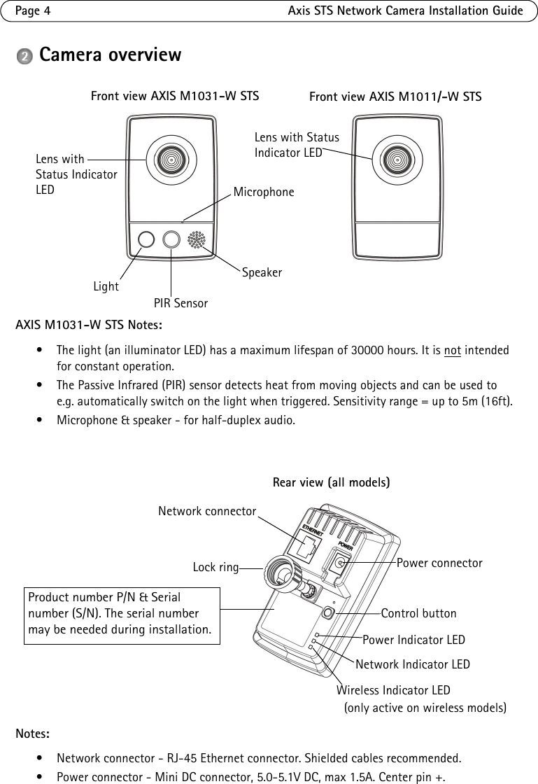 Page 4 Axis STS Network Camera Installation GuideCamera overviewPower connectorControl buttonNetwork connectorNetwork Indicator LEDPower Indicator LEDLock ringSpeakerPIR Sensor Wireless Indicator LED(only active on wireless models)Lens with StatusFront view AXIS M1031-W STS Front view AXIS M1011/-W STSRear view (all models) Indicator LEDLens withStatus IndicatorLED MicrophoneLightAXIS M1031-W STS Notes:• The light (an illuminator LED) has a maximum lifespan of 30000 hours. It is not intended for constant operation.• The Passive Infrared (PIR) sensor detects heat from moving objects and can be used to e.g. automatically switch on the light when triggered. Sensitivity range = up to 5m (16ft).• Microphone &amp; speaker - for half-duplex audio.Notes:• Network connector - RJ-45 Ethernet connector. Shielded cables recommended.• Power connector - Mini DC connector, 5.0-5.1V DC, max 1.5A. Center pin +.Product number P/N &amp; Serial number (S/N). The serial number may be needed during installation.