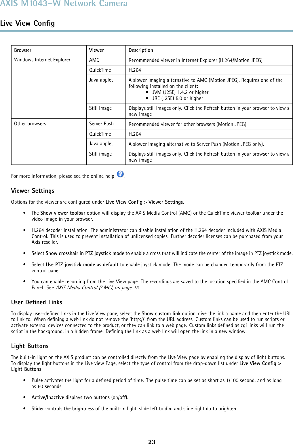 AXIS M1043–W Network CameraLive View ConﬁgBrowser Viewer DescriptionAMC Recommended viewer in Internet Explorer (H.264/Motion JPEG)QuickTime H.264Java applet A slower imaging alternative to AMC (Motion JPEG). Requires one of thefollowing installed on the client:• JVM (J2SE) 1.4.2 or higher• JRE (J2SE) 5.0 or higherWindows Internet ExplorerStill image Displays still images only. Click the Refresh button in your browser to view anew imageServer Push Recommended viewer for other browsers (Motion JPEG).QuickTime H.264Java applet A slower imaging alternative to Server Push (Motion JPEG only).Other browsersStill image Displays still images only. Click the Refresh button in your browser to view anew imageFor more information, please see the online help .Viewer SettingsOptions for the viewer are conﬁgured under Live View Conﬁg&gt;Viewer Settings.•TheShow viewer toolbar option will display the AXIS Media Control (AMC) or the QuickTime viewer toolbar under thevideo image in your browser.• H.264 decoder installation. The administrator can disable installation of the H.264 decoder included with AXIS MediaControl. This is used to prevent installation of unlicensed copies. Further decoder licenses can be purchased from yourAxis reseller.•SelectShow crosshair in PTZ joystick mode to enable a cross that will indicate the center of the image in PTZ joystick mode.•SelectUse PTZ joystick mode as default to enable joystick mode. The mode can be changed temporarily from the PTZcontrol panel.• You can enable recording from the Live View page. The recordings are saved to the location speciﬁed in the AMC ControlPanel. SeeAXIS Media Control (AMC), on page 13.User Deﬁned LinksTo display user-deﬁned links in the Live View page, select the Show custom link option, give the link a name and then enter the URLto link to. When deﬁning a web link do not remove the &apos;http://&apos; from the URL address. Custom links can be used to run scripts oractivate external devices connected to the product, or they can link to a web page. Custom links deﬁned as cgi links will run thescript in the background, in a hidden frame. Deﬁning the link as a web link will open the link in a new window.Light ButtonsThe built-in light on the AXIS product can be controlled directly from the Live View page by enabling the display of light buttons.To display the light buttons in the Live view Page, select the type of control from the drop-down list under Live View Conﬁg&gt;Light Buttons:•Pulse activates the light for a deﬁned period of time. The pulse time can be set as short as 1/100 second, and as longas 60 seconds•Active/Inactive displays two buttons (on/off).•Slider controls the brightness of the built-in light, slide left to dim and slide right do to brighten.23