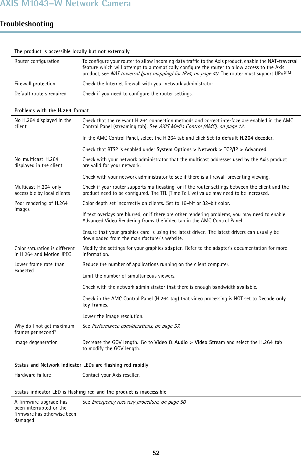 AXIS M1043–W Network CameraTroubleshootingThe product is accessible locally but not externallyRouter conﬁguration To conﬁgure your router to allow incoming data trafﬁc to the Axis product, enable the NAT-traversalfeature which will attempt to automatically conﬁgure the router to allow access to the Axisproduct, seeNAT traversal (port mapping) for IPv4, on page 40. The router must support UPnPTM.Firewall protection Check the Internet ﬁrewall with your network administrator.Default routers required Check if you need to conﬁgure the router settings.Problems with the H.264 formatNo H.264 displayed in theclientCheck that the relevant H.264 connection methods and correct interface are enabled in the AMCControl Panel (streaming tab). SeeAXIS Media Control (AMC), on page 13.In the AMC Control Panel, select the H.264 tab and click Set to default H.264 decoder.Check that RTSP is enabled under System Options &gt; Network &gt; TCP/IP &gt; Advanced.No multicast H.264displayed in the clientCheck with your network administrator that the multicast addresses used by the Axis productarevalidforyournetwork.Check with your network administrator to see if there is a ﬁrewall preventing viewing.Multicast H.264 onlyaccessible by local clientsCheck if your router supports multicasting, or if the router settings between the client and theproduct need to be conﬁgured. The TTL (Time To Live) value may need to be increased.Poor rendering of H.264imagesColor depth set incorrectly on clients. Set to 16–bit or 32–bit color.If text overlays are blurred, or if there are other rendering problems, you may need to enableAdvanced Video Rendering fromv the Video tab in the AMC Control Panel.Ensure that your graphics card is using the latest driver. The latest drivers can usually bedownloaded from the manufacturer’s website.Color saturation is differentin H.264 and Motion JPEGModify the settings for your graphics adapter. Refer to the adapter’s documentation for moreinformation.Lower frame rate thanexpectedReduce the number of applications running on the client computer.Limit the number of simultaneous viewers.Check with the network administrator that there is enough bandwidth available.Check in the AMC Control Panel (H.264 tag) that video processing is NOT set to Decode onlykey frames.Lower the image resolution.Why do I not get maximumframes per second?SeePerformance considerations, on page 57.Image degeneration Decrease the GOV length. Go to Video &amp; Audio &gt; Video Stream and select the H.264 tabto modify the GOV length.Status and Network indicator LEDs are ﬂashing red rapidlyHardware failure Contact your Axis reseller.Status indicator LED is ﬂashing red and the product is inaccessibleAﬁrmware upgrade hasbeen interrupted or theﬁrmware has otherwise beendamagedSeeEmergency recovery procedure, on page 50.52