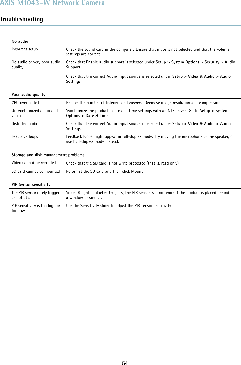 AXIS M1043–W Network CameraTroubleshootingNo audioIncorrect setup Check the sound card in the computer. Ensure that mute is not selected and that the volumesettings are correct.No audio or very poor audioqualityCheck that Enable audio support is selected under Setup &gt; System Options &gt; Security &gt; AudioSupport.Check that the correct Audio Input source is selected under Setup &gt; Video &amp; Audio &gt; AudioSettings.Poor audio qualityCPU overloaded Reduce the number of listeners and viewers. Decrease image resolution and compression.Unsynchronized audio andvideoSynchronize the product’s date and timesettingswithanNTPserver. GotoSetup &gt; SystemOptions &gt; Date &amp; Time.Distorted audio Check that the correct Audio Input source is selected under Setup &gt; Video &amp; Audio &gt; AudioSettings.Feedback loops Feedback loops might appear in full-duplex mode. Try moving the microphone or the speaker, oruse half-duplex mode instead.Storage and disk management problemsVideo cannot be recorded Check that the SD card is not write protected (that is, read only).SD card cannot be mounted Reformat the SD card and then click Mount.PIR Sensor sensitivityThe PIR sensor rarely triggersor not at allSince IR light is blocked by glass, the PIR sensor will not work if the product is placed behinda window or similar.PIR sensitivity is too high ortoo lowUse the Sensitivity slider to adjust the PIR sensor sensitivity.54
