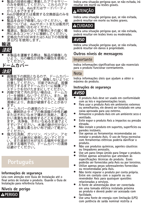 •製品の技術仕様に準拠したアクセサリーのみを使用してください。 これらのアクセサリーは、Axisまたはサードパーティから入手できます。•Axisが提供または推奨する交換部品のみを使用してください。•製品を自分で修理しないでください。 修理については、Axisサポートまたは販売代理店にお問い合わせください。•電源は、製品の近くで簡単に手の届く場所にあるコンセントに接続してください。•定格出力が100 Wまたは5 A以下の有限電源 (LPS) を使用します。輸送注記•本製品を運搬する際は、製品が損傷しないよう、元の梱包か同等の梱包を使用してください。ドームカバー注記•画質低下の原因となるので、ドームカバーに傷や指紋を付けたり、損傷しないように注意してください。 可能であれば、設置が完了するまでドームカバーに保護プラスチックを付けたままにしてください。•肉眼で見て汚れがない場合は、ドームカバーを掃除しないでください。また、絶対に表面を磨かないでください。 過度な清掃により、表面が破損することがあります。•ドームカバーの通常のクリーニングには、磨耗防止タイプの無溶媒の中性石鹸またはきれいな水で薄めた洗剤と、柔らかい清潔な布を使用することをお勧めします。 洗浄後、きれいなぬるま湯でよくすすいでください。 水滴の跡が付かないよう、清潔な柔らかい布で拭いて乾かしてください。•強力な洗剤、ガソリン、ベンジン、アセトンなどは絶対に使用しないでください。また直射日光が当たる場所や気温が上昇する場所での、ドームカバーの清掃は避けてください。PortuguêsInformações de segurançaLeia com atenção este Guia de Instalação até onal antes de instalar o produto. Guarde o Guia deInstalação para referência futura.Níveis de perigoPERIGOIndica uma situação perigosa que, se não evitada, iráresultar em morte ou lesões graves.ATENÇÃOIndica uma situação perigosa que, se não evitada,poderá resultar em morte ou lesões graves.CUIDADOIndica uma situação perigosa que, se não evitada,poderá resultar em lesões leves ou moderadas.AAAVISOVISOVISOIndica uma situação perigosa que, se não evitada,poderá resultar em danos à propriedade.Outros níveis de mensagensImportanteIndica informações signicativas que são essenciaispara o produto funcionar corretamente.NotaIndica informações úteis que ajudam a obter omáximo do produto.Instruções de segurançaAAAVISOVISOVISO•O produto Axis deve ser usado em conformidadecom as leis e regulamentações locais.•Para usar o produto Axis em ambientes externosou semelhantes, ele deverá ser instalado em umacaixa aprovada para uso externo.•Armazene o produto Axis em um ambiente seco eventilado.•Evite expor o produto Axis a impactos ou pressãoelevada.•Não instale o produto em suportes, superfícies ouparedes instáveis.•Use apenas as ferramentas recomendadas aoinstalar o produto Axis. O uso de força excessivacom ferramentas elétricas poderia danicar oproduto.•Não use produtos químicos, agentes cáusticosou limpadores aerossóis.•Use um pano limpo úmido para limpar o produto.•Utilize apenas acessórios que atendam àsespecicações técnicas do produto. Essespoderão ser fornecidos pela Axis ou por terceiros.•Utilize apenas peças sobressalentes fornecidasou recomendadas pela Axis.•Não tente reparar o produto por conta própria.Entre em contato com o suporte ou seurevendedor Axis para quaisquer questõesrelacionadas a serviços.•A fonte de alimentação deve ser conectadaem uma tomada elétrica instalada próximaao produto e deverá poder ser acessada comfacilidade.•Use uma fonte de energia com limitação (LPS)com potência de saída nominal restrita a