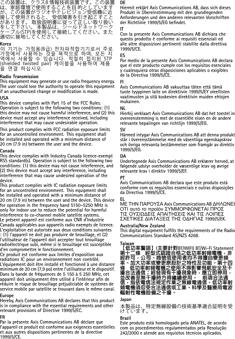 この装置は、クラスB情報技術装置です。この装置は、家庭環境で使⽤することを⽬的としていますが、この装置がラジオやテレビジョン受信機に近接して使⽤されると、受信障害を引き起こすことがあります。取扱説明書に従って正しい取り扱いをして下さい。本製品は、シールドネットワークケーブル(STP)を使⽤して接続してください。また適切に接地してください。Korea이기기는가정용(B급)전자파적합기기로서주로가정에서사용하는것을목적으로하며,모든지역에서사용할수있습니다.적절히접지된STP(shieldedtwistedpair)케이블을사용하여제품을연결하십시오.RadioTransmissionThisequipmentmaygenerateoruseradiofrequencyenergy.Theusercouldlosetheauthoritytooperatethisequipmentifanunauthorizedchangeormodicationismade.USAThisdevicecomplieswithPart15oftheFCCRules.Operationissubjecttothefollowingtwoconditions:(1)thisdevicemaynotcauseharmfulinterference,and(2)thisdevicemustacceptanyinterferencereceived,includinginterferencethatmaycauseundesirableoperation.ThisproductcomplieswithFCCradiationexposurelimitsforanuncontrolledenvironment.Thisequipmentshallbeinstalledandoperatedwithaminimumdistanceof20cm(7.9in)betweentheuserandthedevice.CanadaThisdevicecomplieswithIndustryCanadalicence-exemptRSSstandard(s).Operationissubjecttothefollowingtwoconditions:(1)thisdevicemaynotcauseinterference,and(2)thisdevicemustacceptanyinterference,includinginterferencethatmaycauseundesiredoperationofthedevice.ThisproductcomplieswithICradiationexposurelimitsforanuncontrolledenvironment.Thisequipmentshallbeinstalledandoperatedwithaminimumdistanceof20cm(7.9in)betweentheuserandthedevice.Thisdeviceforoperationinthefrequencyband5150–5250MHzisonlyforindoorusetoreducethepotentialforharmfulinterferencetoco-channelmobilesatellitesystems.LeprésentappareilestconformeauxCNRd&apos;IndustrieCanadaapplicablesauxappareilsradioexemptsdelicence.L&apos;exploitationestautoriséeauxdeuxconditionssuivantes:(1)l&apos;appareilnedoitpasproduiredebrouillage,et(2)l&apos;utilisateurdel&apos;appareildoitacceptertoutbrouillageradioélectriquesubi,mêmesilebrouillageestsusceptibled&apos;encompromettrelefonctionnement.Ceproduitestconformeauxlimitesd&apos;expositionauxradiationsICpourunenvironnementnoncontrôlé.L’équipementdoitêtreinstalléetfonctionnéàunedistanceminimumde20cm(7,9po)entrel’utilisateuretledispositif.Danslabandedefréquencesde5150à5250MHz,cetappareildoituniquementêtreutiliséàl’intérieuranderéduirelerisquedebrouillagepréjudiciabledesystèmesdeservicemobileparsatellitesetrouvantdanslemêmecanal.EuropeHereby,AxisCommunicationsABdeclaresthatthisproductisincompliancewiththeessentialrequirementsandotherrelevantprovisionsofDirective1999/5/EC.FRParlaprésenteAxisCommunicationsABdéclarequel’appareilceproduitestconformeauxexigencesessentiellesetauxautresdispositionspertinentesdeladirective1999/5/CE.DEHiermiterklärtAxisCommunicationsAB,dasssichdiesesProduktinÜbereinstimmungmitdengrundlegendenAnforderungenunddenanderenrelevantenVorschriftenderRichtlinie1999/5/EGbendet.ITConlapresenteAxisCommunicationsABdichiarachequestoprodottoèconformeairequisitiessenzialiedallealtredisposizionipertinentistabilitedalladirettiva1999/5/CE.ESPormediodelapresenteAxisCommunicationsABdeclaraqueelesteproductocumpleconlosrequisitosesencialesycualesquieraotrasdisposicionesaplicablesoexigiblesdelaDirectiva1999/5/CE.FIAxisCommunicationsABvakuuttaatätenettätämätuotetyyppinenlaiteondirektiivin1999/5/EYoleellistenvaatimustenjasitäkoskeviendirektiivinmuidenehtojenmukainen.NLHierbijverklaartAxisCommunicationsABdathettoestelinovereenstemmingismetdeessentiëleeisenendeandererelevantebepalingenvanrichtlijn1999/5/EG.SVHärmedintygarAxisCommunicationsABattdennaproduktståriöverensstämmelsemeddeväsentligaegenskapskravochövrigarelevantabestämmelsersomframgåravdirektiv1999/5/EG.DAUndertegnedeAxisCommunicationsABerklærerherved,atfølgendeudstyroverholderdevæsentligekravogøvrigerelevantekravidirektiv1999/5/EF.PTAxisCommunicationsABdeclaraqueesteprodutoestáconformecomosrequisitosessenciaiseoutrasdisposiçõesdaDirectiva1999/5/CE.ELΜΕΤΗΝΠΑΡΟΥΣΑAxisCommunicationsABΔΗΛΩΝΕΙΟΤΙαυτότοπροϊόνΣΥΜΜΟΡΦΩΝΕΤΑΙΠΡΟΣΤΙΣΟΥΣΙΩΔΕΙΣΑΠΑΙΤΗΣΕΙΣΚΑΙΤΙΣΛΟΙΠΕΣΣΧΕΤΙΚΕΣΔΙΑΤΑΞΕΙΣΤΗΣΟΔΗΓΙΑΣ1999/5/EK.Australia/NewZealandThisdigitalequipmentfulllstherequirementsoftheRadioCommunicationsStandardAS/NZS4268.Taiwan【低功率警語】(主要針對BT/WIFI)BT/Wi-FiStatement第⼗⼆條經型式認證合格之低功率射頻電機，⾮經許可，公司、商號或使⽤者均不得擅⾃變更頻率、加⼤功率或變更原設計之特性及功能。第⼗四條低功率射頻電機之使⽤不得影響⾶航安全及⼲擾合法通信；經發現有⼲擾現象時，應⽴即停⽤，並改善⾄無⼲擾時⽅得繼續使⽤。前項合法通信，指依電信法規定作業之無線電通信。低功率射頻電機須忍受合法通信或⼯業、科學及醫療⽤電波輻射性電機設備之⼲擾。Japan本製品は、特定無線設備の技術基準適合証明を受けています。BrazilEsteprodutoestáhomologadopelaANATEL,deacordocomosprocedimentosregulamentadospelaResolução242/2000eatendeaosrequisitostécnicosaplicados.
