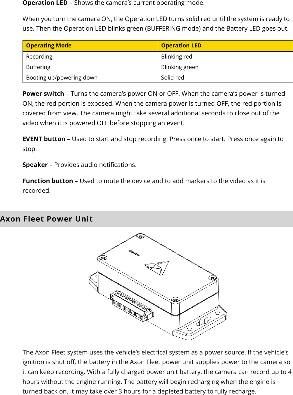 Axon Fleet 2 Camera System     User Manual Axon Enterprise, Inc.       Page 11 of 22 Operation LED – Shows the camera’s current operating mode. When you turn the camera ON, the Operation LED turns solid red until the system is ready to use. Then the Operation LED blinks green (BUFFERING mode) and the Battery LED goes out. Operating Mode Operation LED Recording  Blinking red Buffering  Blinking green Booting up/powering down Solid red Power switch – Turns the camera’s power ON or OFF. When the camera’s power is turned ON, the red portion is exposed. When the camera power is turned OFF, the red portion is covered from view. The camera might take several additional seconds to close out of the video when it is powered OFF before stopping an event. EVENT button – Used to start and stop recording. Press once to start. Press once again to stop.  Speaker – Provides audio notifications.  Function button – Used to mute the device and to add markers to the video as it is recorded. Axon Fleet Power Unit  The Axon Fleet system uses the vehicle’s electrical system as a power source. If the vehicle’s ignition is shut off, the battery in the Axon Fleet power unit supplies power to the camera so it can keep recording. With a fully charged power unit battery, the camera can record up to 4 hours without the engine running. The battery will begin recharging when the engine is turned back on. It may take over 3 hours for a depleted battery to fully recharge.  