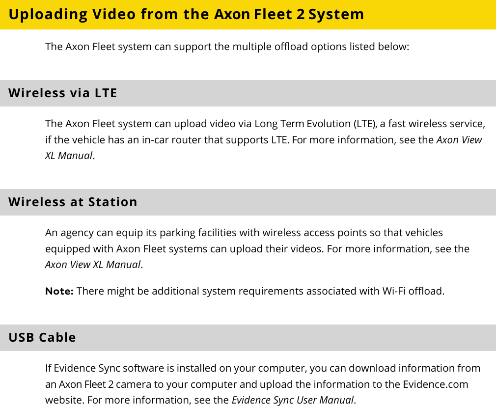 Axon Fleet 2 Camera System     User Manual Axon Enterprise, Inc.       Page 18 of 22 Uploading Video from the Axon Fleet 2 System The Axon Fleet system can support the multiple offload options listed below: Wireless via LTE The Axon Fleet system can upload video via Long Term Evolution (LTE), a fast wireless service, if the vehicle has an in-car router that supports LTE. For more information, see the Axon View XL Manual.  Wireless at Station An agency can equip its parking facilities with wireless access points so that vehicles equipped with Axon Fleet systems can upload their videos. For more information, see the Axon View XL Manual. Note: There might be additional system requirements associated with Wi-Fi offload. USB Cable If Evidence Sync software is installed on your computer, you can download information from an Axon Fleet 2 camera to your computer and upload the information to the Evidence.com website. For more information, see the Evidence Sync User Manual.   