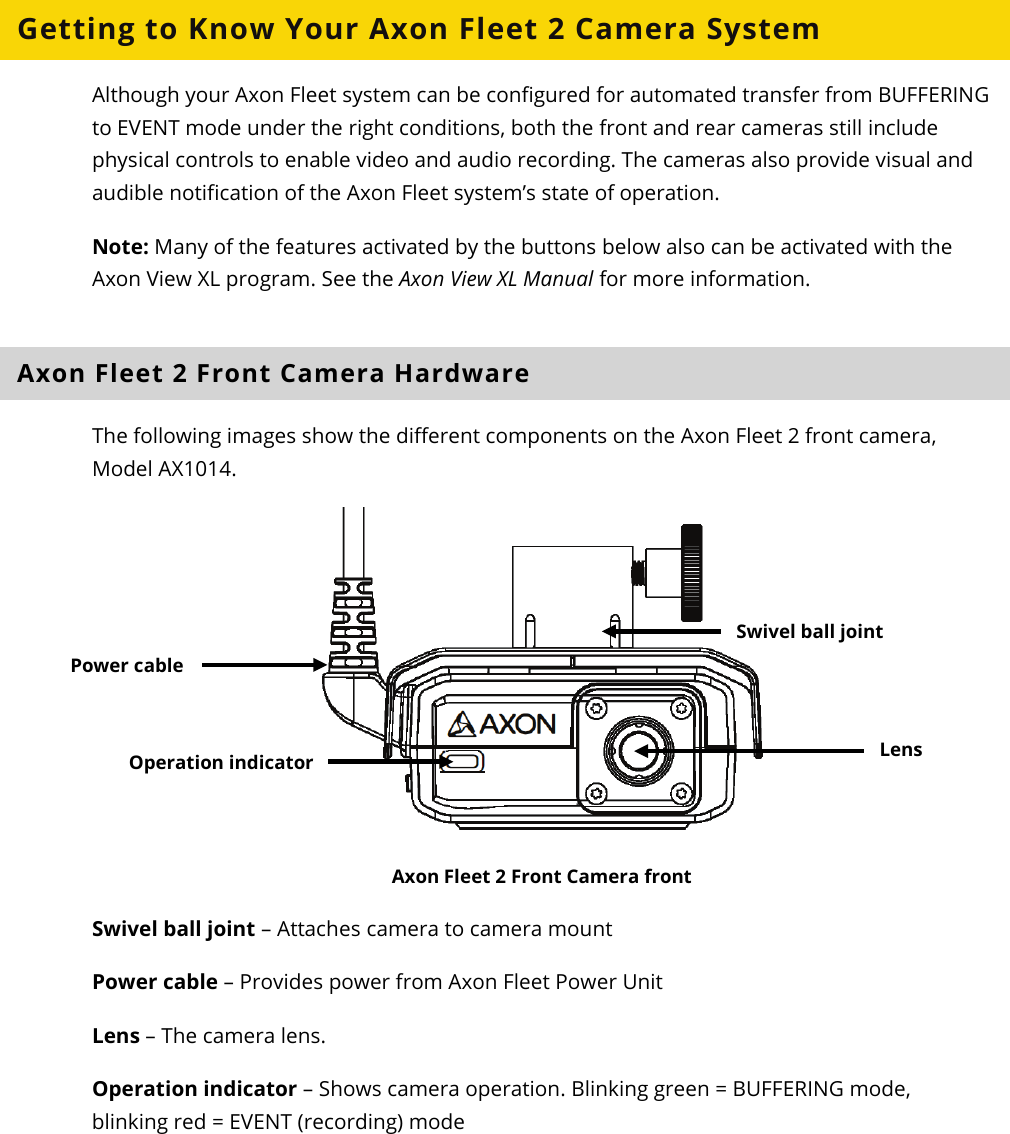 Axon Fleet 2 Camera System     User Manual Axon Enterprise, Inc.       Page 6 of 22 Getting to Know Your Axon Fleet 2 Camera System Although your Axon Fleet system can be configured for automated transfer from BUFFERING to EVENT mode under the right conditions, both the front and rear cameras still include physical controls to enable video and audio recording. The cameras also provide visual and audible notification of the Axon Fleet system’s state of operation. Note: Many of the features activated by the buttons below also can be activated with the Axon View XL program. See the Axon View XL Manual for more information. Axon Fleet 2 Front Camera Hardware  The following images show the different components on the Axon Fleet 2 front camera, Model AX1014.   Axon Fleet 2 Front Camera front Swivel ball joint – Attaches camera to camera mount  Power cable – Provides power from Axon Fleet Power Unit  Lens – The camera lens.  Operation indicator – Shows camera operation. Blinking green = BUFFERING mode, blinking red = EVENT (recording) mode Swivel ball joint Lens Power cable Operation indicator 