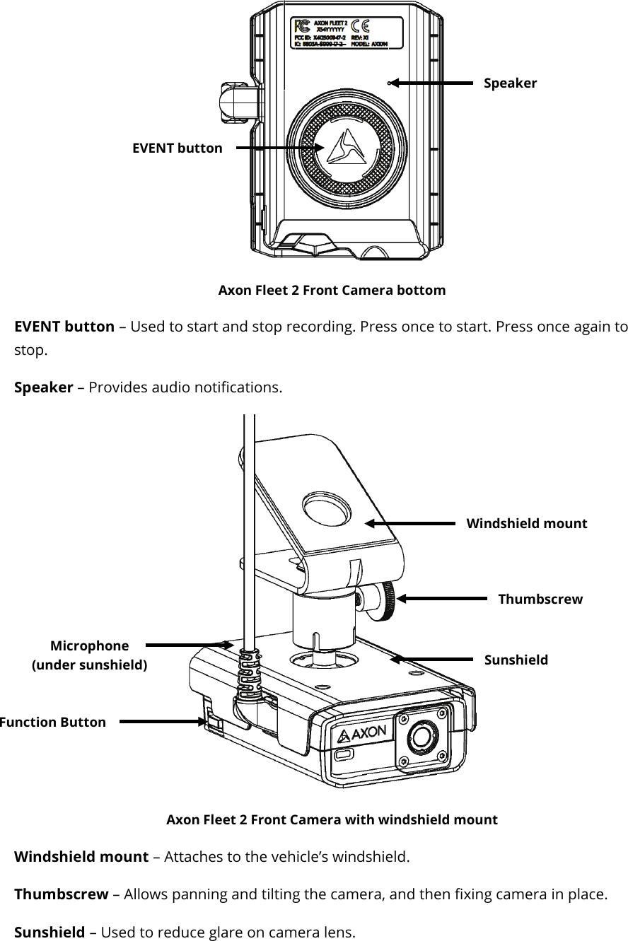 Axon Fleet 2 Camera System     User Manual Axon Enterprise, Inc.       Page 8 of 22  Axon Fleet 2 Front Camera bottom  EVENT button – Used to start and stop recording. Press once to start. Press once again to stop.  Speaker – Provides audio notifications.  Axon Fleet 2 Front Camera with windshield mount Windshield mount – Attaches to the vehicle’s windshield. Thumbscrew – Allows panning and tilting the camera, and then fixing camera in place.  Sunshield – Used to reduce glare on camera lens.  Speaker EVENT button Function Button Windshield mount Sunshield Thumbscrew Microphone (under sunshield) 