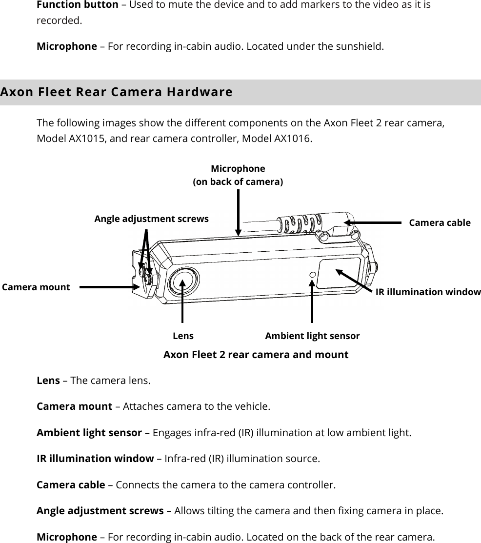 Axon Fleet 2 Camera System     User Manual Axon Enterprise, Inc.       Page 9 of 22 Function button – Used to mute the device and to add markers to the video as it is recorded. Microphone – For recording in-cabin audio. Located under the sunshield.  Axon Fleet Rear Camera Hardware The following images show the different components on the Axon Fleet 2 rear camera, Model AX1015, and rear camera controller, Model AX1016.      Axon Fleet 2 rear camera and mount  Lens – The camera lens.  Camera mount – Attaches camera to the vehicle. Ambient light sensor – Engages infra-red (IR) illumination at low ambient light.  IR illumination window – Infra-red (IR) illumination source.  Camera cable – Connects the camera to the camera controller.  Angle adjustment screws – Allows tilting the camera and then fixing camera in place. Microphone – For recording in-cabin audio. Located on the back of the rear camera.   Camera cable IR illumination window Ambient light sensor Lens Camera mount Angle adjustment screws  Microphone  (on back of camera) 