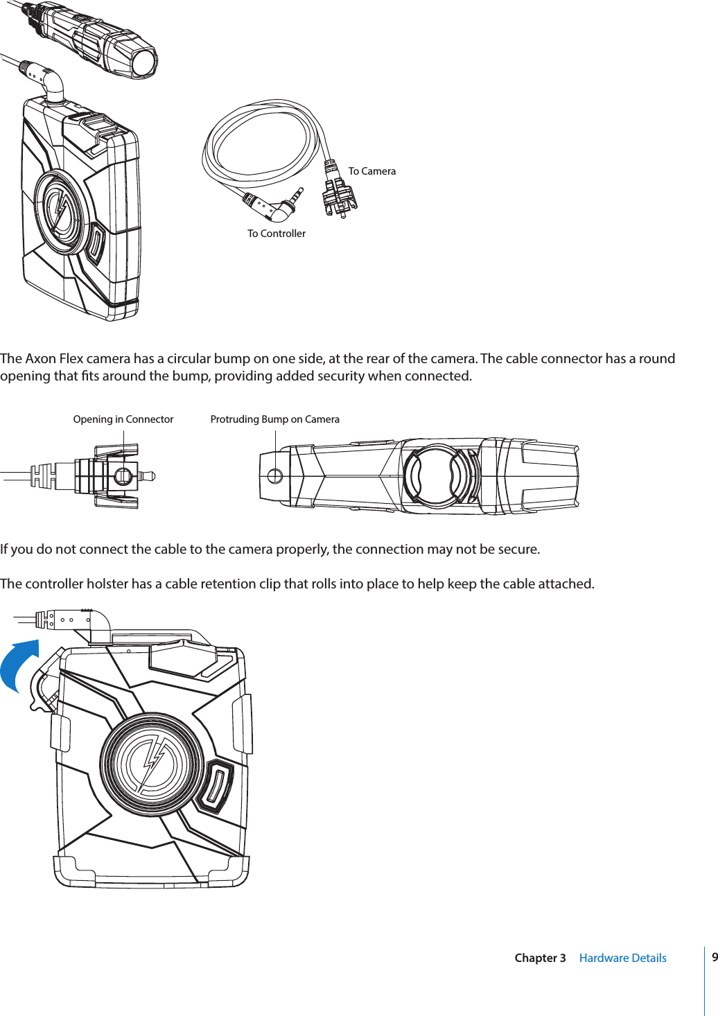 9Chapter 3     Hardware DetailsTo ControllerTo CameraThe Axon Flex camera has a circular bump on one side, at the rear of the camera. The cable connector has a round opening that ts around the bump, providing added security when connected.Opening in Connector Protruding Bump on CameraIf you do not connect the cable to the camera properly, the connection may not be secure.The controller holster has a cable retention clip that rolls into place to help keep the cable attached.