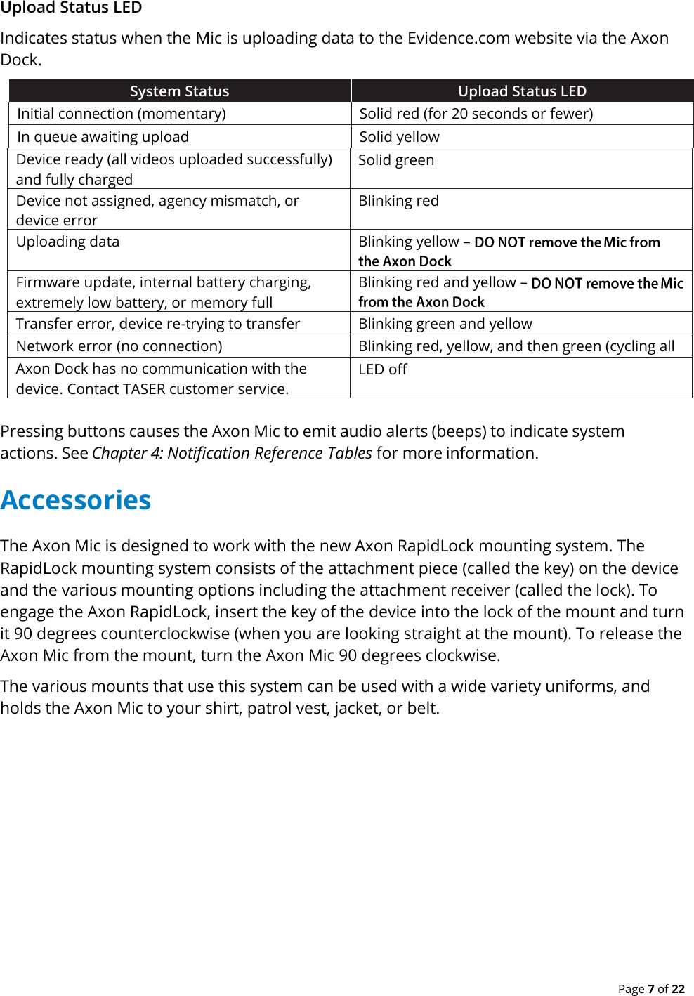  Page 7 of 22 Upload Status LED Indicates status when the Mic is uploading data to the Evidence.com website via the Axon Dock. System Status Upload Status LED Initial connection (momentary) Solid red (for 20 seconds or fewer) In queue awaiting upload Solid yellow Device ready (all videos uploaded successfully) and fully charged Solid green Device not assigned, agency mismatch, or device error Blinking red Uploading data Blinking yellow – Firmware update, internal battery charging, extremely low battery, or memory full Blinking red and yellow – Transfer error, device re-trying to transfer Blinking green and yellow Network error (no connection) Blinking red, yellow, and then green (cycling all colors) Axon Dock has no communication with the device. Contact TASER customer service. LED off  Pressing buttons causes the Axon Mic to emit audio alerts (beeps) to indicate system actions. See Chapter 4: Notification Reference Tables for more information. Accessories The Axon Mic is designed to work with the new Axon RapidLock mounting system. The RapidLock mounting system consists of the attachment piece (called the key) on the device and the various mounting options including the attachment receiver (called the lock). To engage the Axon RapidLock, insert the key of the device into the lock of the mount and turn it 90 degrees counterclockwise (when you are looking straight at the mount). To release the Axon Mic from the mount, turn the Axon Mic 90 degrees clockwise. The various mounts that use this system can be used with a wide variety uniforms, and holds the Axon Mic to your shirt, patrol vest, jacket, or belt. 