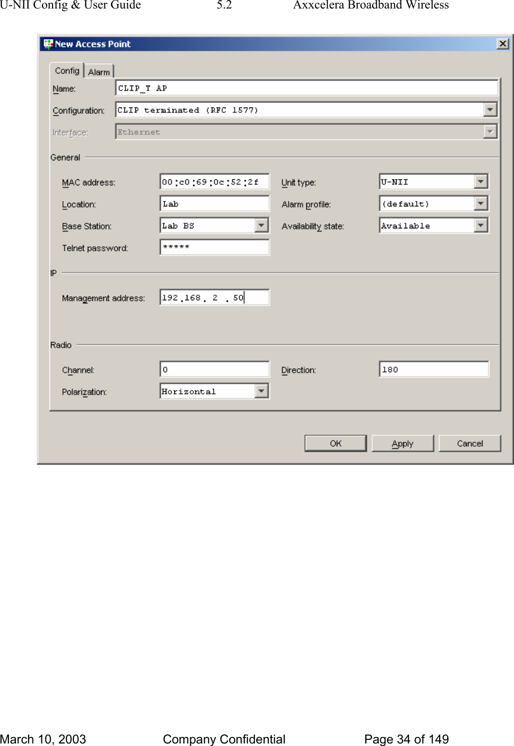 U-NII Config &amp; User Guide  5.2  Axxcelera Broadband Wireless  March 10, 2003  Company Confidential  Page 34 of 149 