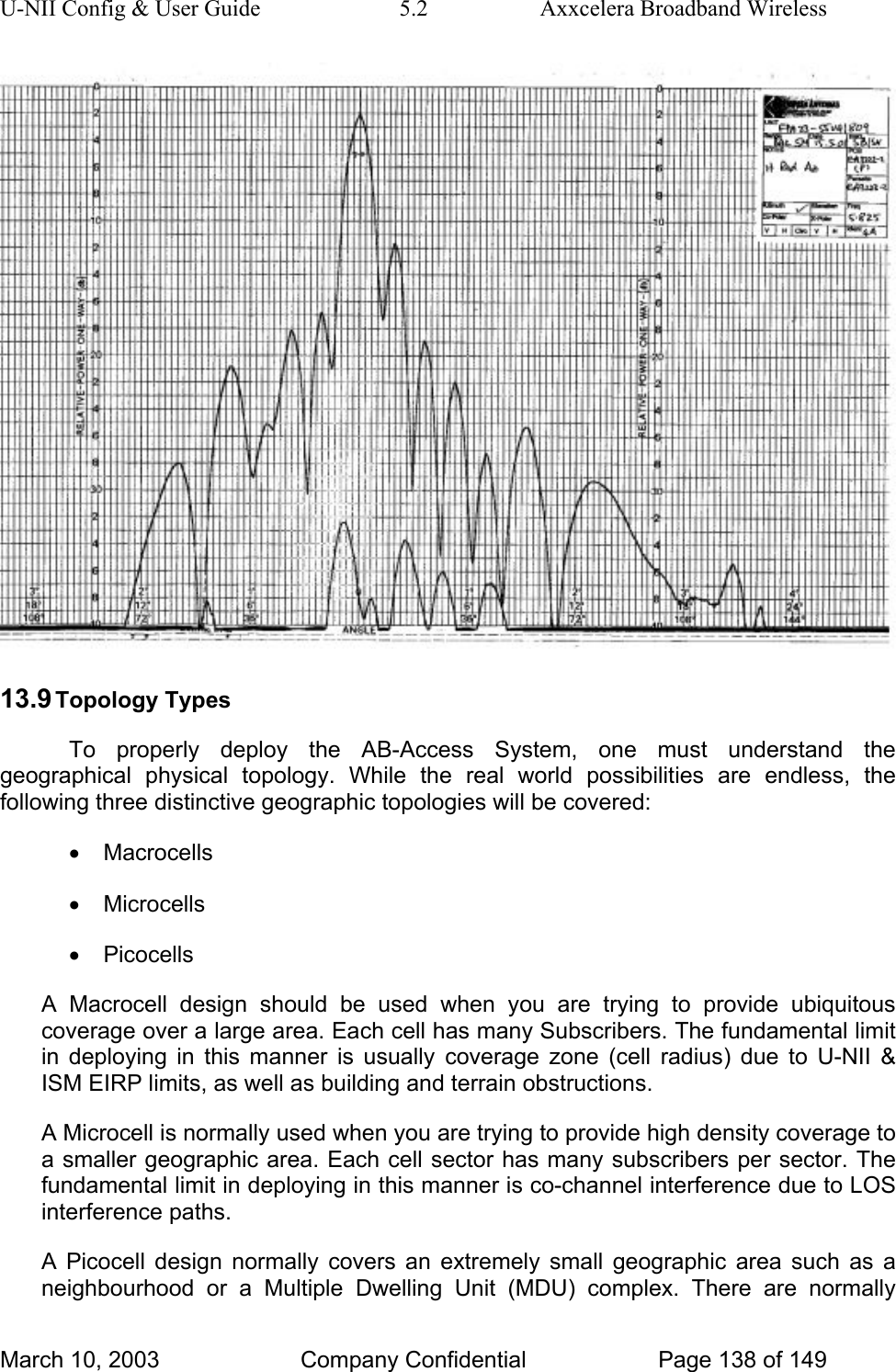 U-NII Config &amp; User Guide  5.2  Axxcelera Broadband Wireless  13.9 Topology Types To properly deploy the AB-Access System, one must understand the geographical physical topology. While the real world possibilities are endless, the following three distinctive geographic topologies will be covered: • Macrocells • Microcells • Picocells A Macrocell design should be used when you are trying to provide ubiquitous coverage over a large area. Each cell has many Subscribers. The fundamental limit in deploying in this manner is usually coverage zone (cell radius) due to U-NII &amp; ISM EIRP limits, as well as building and terrain obstructions. A Microcell is normally used when you are trying to provide high density coverage to a smaller geographic area. Each cell sector has many subscribers per sector. The fundamental limit in deploying in this manner is co-channel interference due to LOS interference paths. A Picocell design normally covers an extremely small geographic area such as a neighbourhood or a Multiple Dwelling Unit (MDU) complex. There are normally March 10, 2003  Company Confidential  Page 138 of 149 