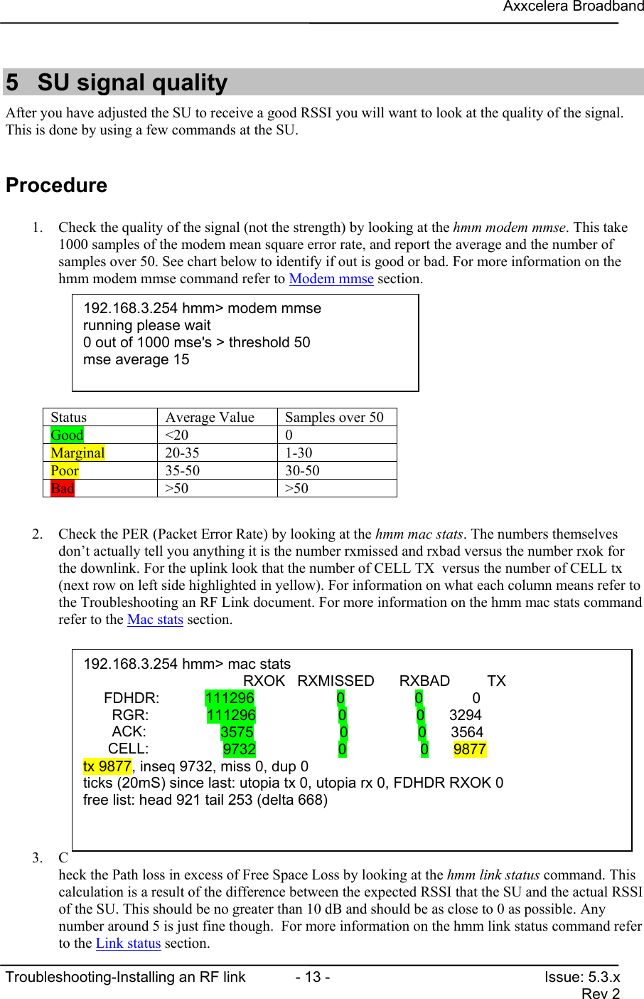 Axxcelera BroadbandTroubleshooting-Installing an RF link  - 13 - Issue: 5.3.xRev 25  SU signal qualityAfter you have adjusted the SU to receive a good RSSI you will want to look at the quality of the signal.This is done by using a few commands at the SU.Procedure1. Check the quality of the signal (not the strength) by looking at the hmm modem mmse. This take1000 samples of the modem mean square error rate, and report the average and the number ofsamples over 50. See chart below to identify if out is good or bad. For more information on thehmm modem mmse command refer to Modem mmse section.2. Check the PER (Packet Error Rate) by looking at the hmm mac stats. The numbers themselvesdon’t actually tell you anything it is the number rxmissed and rxbad versus the number rxok forthe downlink. For the uplink look that the number of CELL TX  versus the number of CELL tx(next row on left side highlighted in yellow). For information on what each column means refer tothe Troubleshooting an RF Link document. For more information on the hmm mac stats commandrefer to the Mac stats section.3. Check the Path loss in excess of Free Space Loss by looking at the hmm link status command. Thiscalculation is a result of the difference between the expected RSSI that the SU and the actual RSSIof the SU. This should be no greater than 10 dB and should be as close to 0 as possible. Anynumber around 5 is just fine though.  For more information on the hmm link status command referto the Link status section.Status Average Value Samples over 50Good &lt;20 0Marginal 20-35 1-30Poor 35-50 30-50Bad &gt;50 &gt;50192.168.3.254 hmm&gt; modem mmserunning please wait0 out of 1000 mse&apos;s &gt; threshold 50mse average 15192.168.3.254 hmm&gt; mac stats                  RXOK   RXMISSED      RXBAD         TX     FDHDR:           111296                    0                 0            0       RGR:              111296                    0                 0      3294       ACK:                  3575                     0                 0      3564      CELL:                  9732                    0                  0      9877tx 9877, inseq 9732, miss 0, dup 0ticks (20mS) since last: utopia tx 0, utopia rx 0, FDHDR RXOK 0free list: head 921 tail 253 (delta 668)