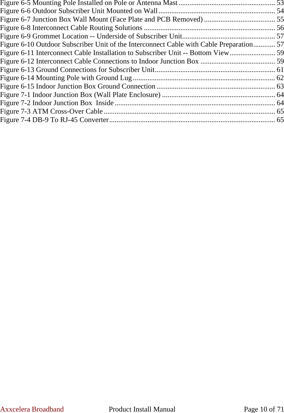 Axxcelera Broadband  Product Install Manual  Page 10 of 71 Figure 6-5 Mounting Pole Installed on Pole or Antenna Mast..................................................... 53 Figure 6-6 Outdoor Subscriber Unit Mounted on Wall................................................................ 54 Figure 6-7 Junction Box Wall Mount (Face Plate and PCB Removed) ....................................... 55 Figure 6-8 Interconnect Cable Routing Solutions ........................................................................ 56 Figure 6-9 Grommet Location -- Underside of Subscriber Unit................................................... 57 Figure 6-10 Outdoor Subscriber Unit of the Interconnect Cable with Cable Preparation............ 57 Figure 6-11 Interconnect Cable Installation to Subscriber Unit -- Bottom View......................... 59 Figure 6-12 Interconnect Cable Connections to Indoor Junction Box ......................................... 59 Figure 6-13 Ground Connections for Subscriber Unit.................................................................. 61 Figure 6-14 Mounting Pole with Ground Lug.............................................................................. 62 Figure 6-15 Indoor Junction Box Ground Connection ................................................................. 63 Figure 7-1 Indoor Junction Box (Wall Plate Enclosure) .............................................................. 64 Figure 7-2 Indoor Junction Box  Inside........................................................................................ 64 Figure 7-3 ATM Cross-Over Cable.............................................................................................. 65 Figure 7-4 DB-9 To RJ-45 Converter........................................................................................... 65  