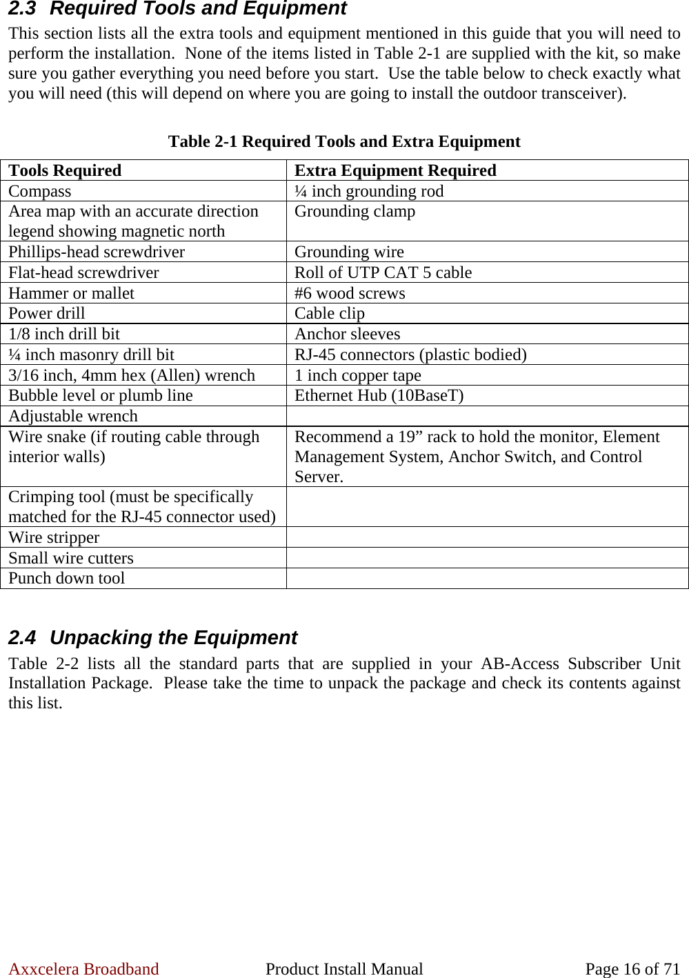 Axxcelera Broadband  Product Install Manual  Page 16 of 71 2.3  Required Tools and Equipment This section lists all the extra tools and equipment mentioned in this guide that you will need to perform the installation.  None of the items listed in Table 2-1 are supplied with the kit, so make sure you gather everything you need before you start.  Use the table below to check exactly what you will need (this will depend on where you are going to install the outdoor transceiver).  Table 2-1 Required Tools and Extra Equipment Tools Required  Extra Equipment Required Compass  ¼ inch grounding rod Area map with an accurate direction legend showing magnetic north  Grounding clamp Phillips-head screwdriver  Grounding wire Flat-head screwdriver  Roll of UTP CAT 5 cable Hammer or mallet  #6 wood screws Power drill  Cable clip 1/8 inch drill bit  Anchor sleeves ¼ inch masonry drill bit  RJ-45 connectors (plastic bodied) 3/16 inch, 4mm hex (Allen) wrench  1 inch copper tape Bubble level or plumb line  Ethernet Hub (10BaseT) Adjustable wrench   Wire snake (if routing cable through interior walls)  Recommend a 19” rack to hold the monitor, Element Management System, Anchor Switch, and Control Server. Crimping tool (must be specifically matched for the RJ-45 connector used)   Wire stripper   Small wire cutters   Punch down tool    2.4  Unpacking the Equipment Table 2-2 lists all the standard parts that are supplied in your AB-Access Subscriber Unit Installation Package.  Please take the time to unpack the package and check its contents against this list.  