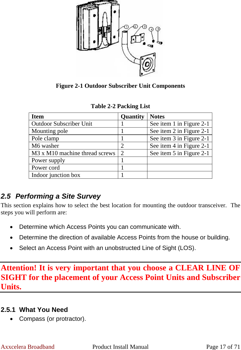 Axxcelera Broadband  Product Install Manual  Page 17 of 71  Figure 2-1 Outdoor Subscriber Unit Components  Table 2-2 Packing List Item Quantity Notes Outdoor Subscriber Unit  1  See item 1 in Figure 2-1  Mounting pole  1  See item 2 in Figure 2-1 Pole clamp  1  See item 3 in Figure 2-1 M6 washer  2  See item 4 in Figure 2-1 M3 x M10 machine thread screws 2  See item 5 in Figure 2-1 Power supply  1   Power cord  1   Indoor junction box   1    2.5  Performing a Site Survey This section explains how to select the best location for mounting the outdoor transceiver.  The steps you will perform are:  •  Determine which Access Points you can communicate with. •  Determine the direction of available Access Points from the house or building. •  Select an Access Point with an unobstructed Line of Sight (LOS).  Attention! It is very important that you choose a CLEAR LINE OF SIGHT for the placement of your Access Point Units and Subscriber Units.  2.5.1  What You Need •  Compass (or protractor). 