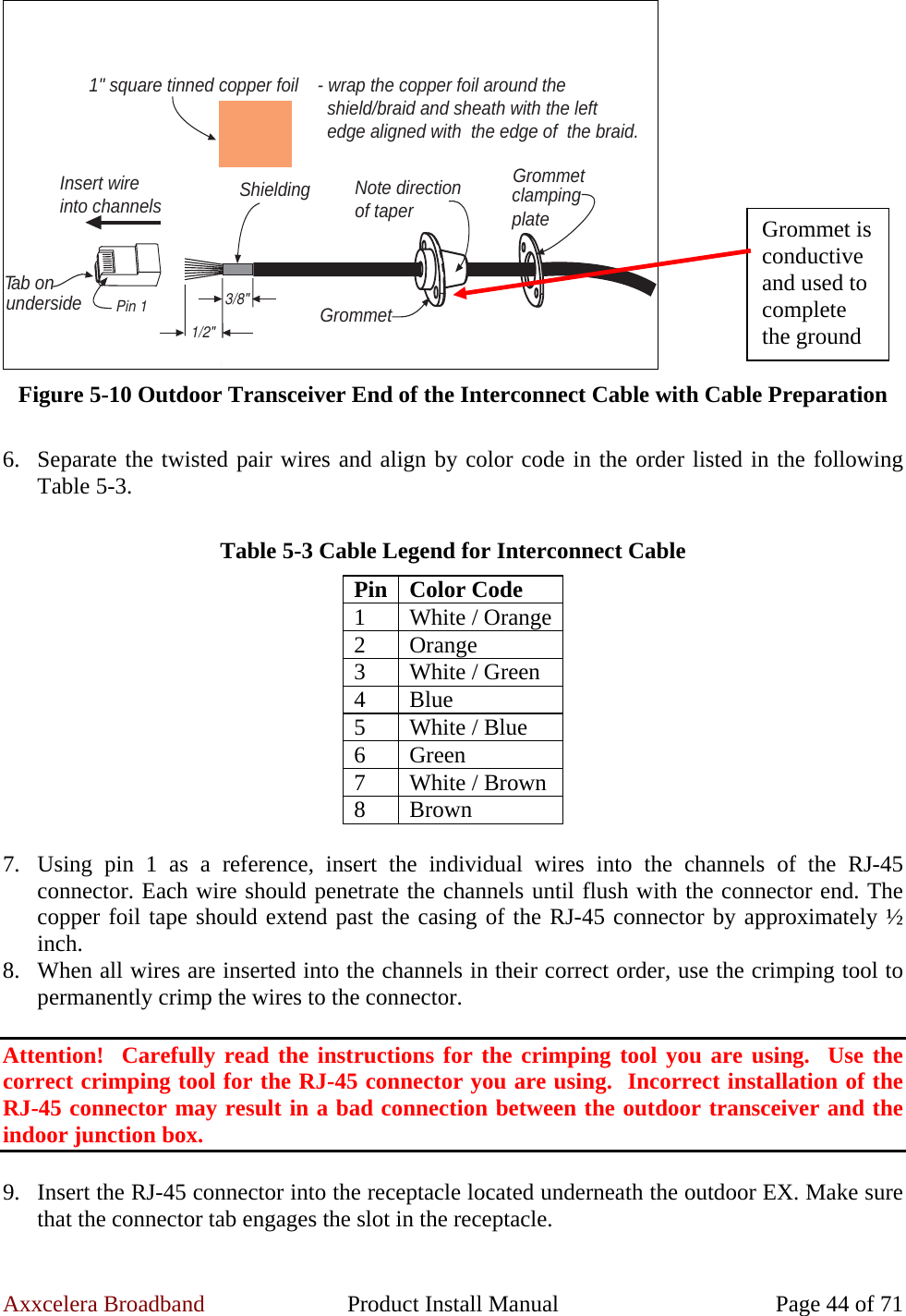 Axxcelera Broadband  Product Install Manual  Page 44 of 71 GrommetGrommetclampingplateNote directionof taperInsert wireinto channels1/2&quot;3/8&quot;ShieldingPin 1Tab onunderside1&quot; square tinned copper foil - wrap the copper foil around the   shield/braid and sheath with the left   edge aligned with  the edge of  the braid. Figure 5-10 Outdoor Transceiver End of the Interconnect Cable with Cable Preparation  6. Separate the twisted pair wires and align by color code in the order listed in the following Table 5-3.  Table 5-3 Cable Legend for Interconnect Cable Pin Color Code 1  White / Orange2 Orange 3  White / Green 4 Blue 5  White / Blue 6 Green 7  White / Brown 8 Brown  7. Using pin 1 as a reference, insert the individual wires into the channels of the RJ-45 connector. Each wire should penetrate the channels until flush with the connector end. The copper foil tape should extend past the casing of the RJ-45 connector by approximately ½ inch. 8. When all wires are inserted into the channels in their correct order, use the crimping tool to permanently crimp the wires to the connector.  Attention!  Carefully read the instructions for the crimping tool you are using.  Use the correct crimping tool for the RJ-45 connector you are using.  Incorrect installation of the RJ-45 connector may result in a bad connection between the outdoor transceiver and the indoor junction box.  9. Insert the RJ-45 connector into the receptacle located underneath the outdoor EX. Make sure that the connector tab engages the slot in the receptacle. Grommet is conductive and used to complete the ground 