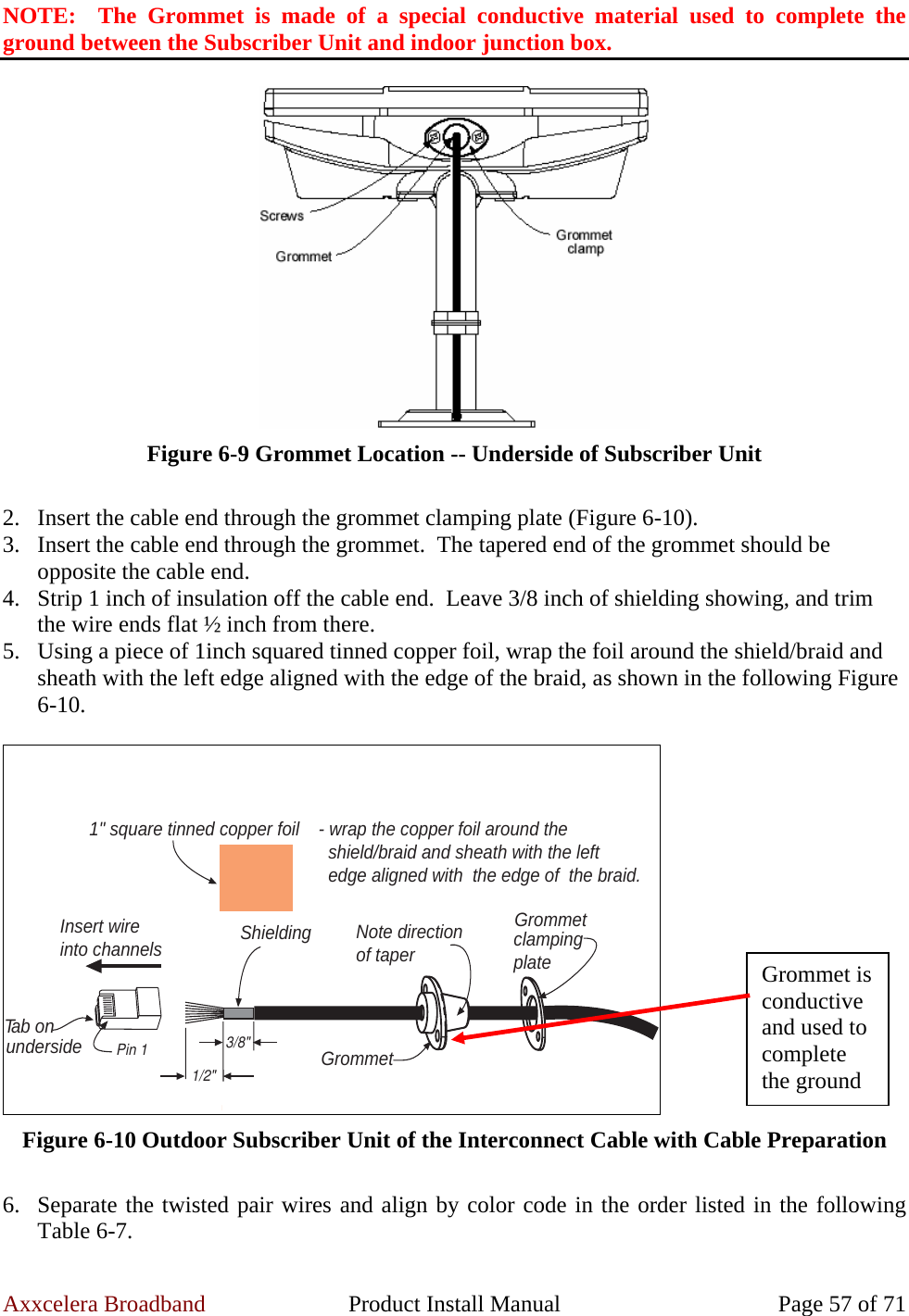 Axxcelera Broadband  Product Install Manual  Page 57 of 71 NOTE:  The Grommet is made of a special conductive material used to complete the ground between the Subscriber Unit and indoor junction box.   Figure 6-9 Grommet Location -- Underside of Subscriber Unit  2. Insert the cable end through the grommet clamping plate (Figure 6-10). 3. Insert the cable end through the grommet.  The tapered end of the grommet should be opposite the cable end. 4. Strip 1 inch of insulation off the cable end.  Leave 3/8 inch of shielding showing, and trim the wire ends flat ½ inch from there. 5. Using a piece of 1inch squared tinned copper foil, wrap the foil around the shield/braid and sheath with the left edge aligned with the edge of the braid, as shown in the following Figure 6-10.  GrommetGrommetclampingplateNote directionof taperInsert wireinto channels1/2&quot;3/8&quot;ShieldingPin 1Tab onunderside1&quot; square tinned copper foil - wrap the copper foil around the   shield/braid and sheath with the left   edge aligned with  the edge of  the braid. Figure 6-10 Outdoor Subscriber Unit of the Interconnect Cable with Cable Preparation  6. Separate the twisted pair wires and align by color code in the order listed in the following Table 6-7. Grommet is conductive and used to complete the ground 