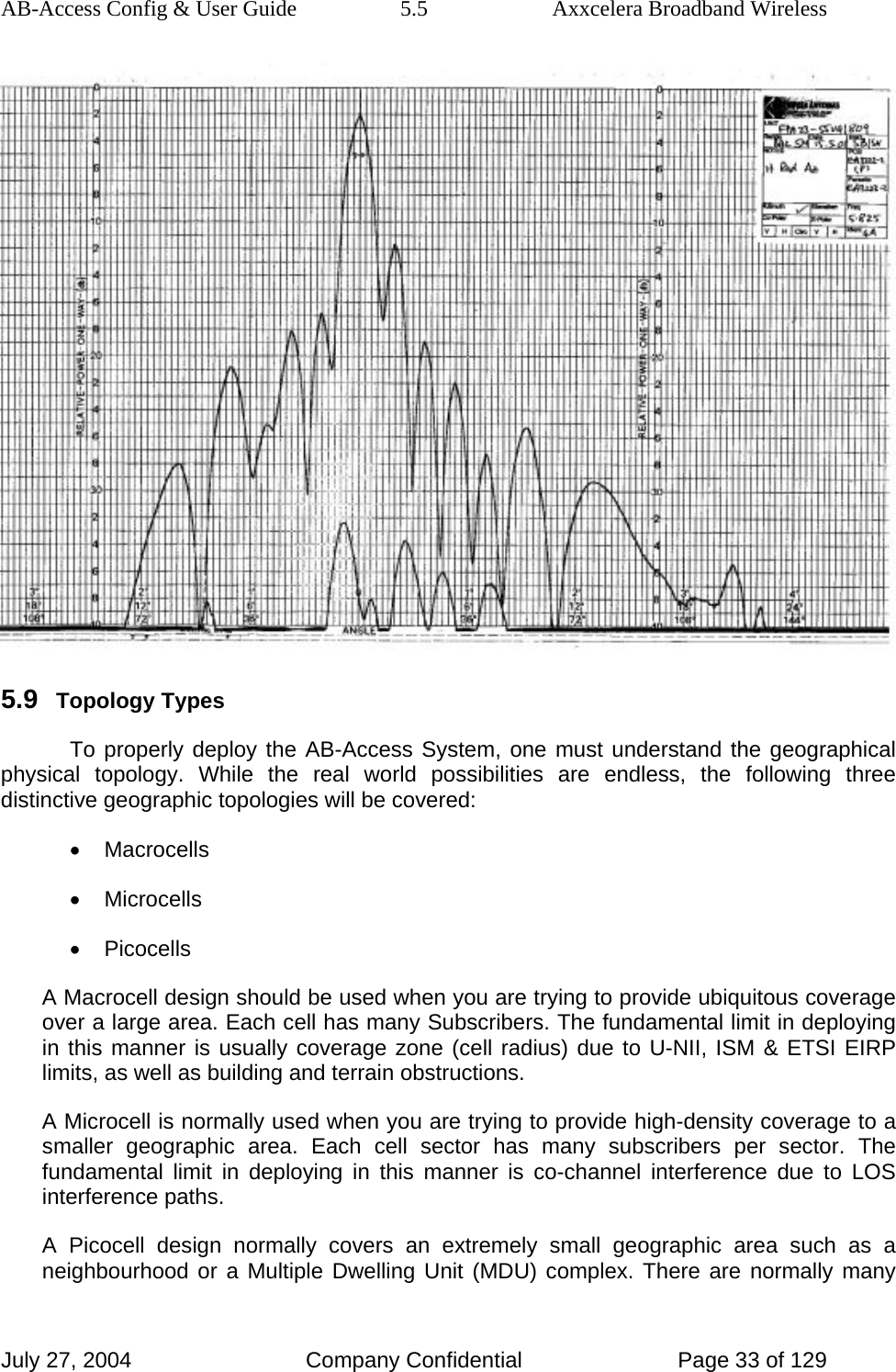 AB-Access Config &amp; User Guide  5.5  Axxcelera Broadband Wireless July 27, 2004  Company Confidential  Page 33 of 129  5.9 Topology Types To properly deploy the AB-Access System, one must understand the geographical physical topology. While the real world possibilities are endless, the following three distinctive geographic topologies will be covered: • Macrocells • Microcells • Picocells A Macrocell design should be used when you are trying to provide ubiquitous coverage over a large area. Each cell has many Subscribers. The fundamental limit in deploying in this manner is usually coverage zone (cell radius) due to U-NII, ISM &amp; ETSI EIRP limits, as well as building and terrain obstructions. A Microcell is normally used when you are trying to provide high-density coverage to a smaller geographic area. Each cell sector has many subscribers per sector. The fundamental limit in deploying in this manner is co-channel interference due to LOS interference paths. A Picocell design normally covers an extremely small geographic area such as a neighbourhood or a Multiple Dwelling Unit (MDU) complex. There are normally many 