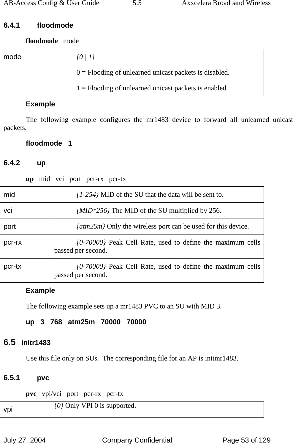 AB-Access Config &amp; User Guide  5.5  Axxcelera Broadband Wireless July 27, 2004  Company Confidential  Page 53 of 129 6.4.1 floodmode floodmode   mode mode  {0 | 1} 0 = Flooding of unlearned unicast packets is disabled. 1 = Flooding of unlearned unicast packets is enabled. Example The following example configures the mr1483 device to forward all unlearned unicast packets. floodmode   1 6.4.2 up up   mid   vci   port   pcr-rx   pcr-tx mid  {1-254} MID of the SU that the data will be sent to. vci  {MID*256} The MID of the SU multiplied by 256. port  {atm25m} Only the wireless port can be used for this device. pcr-rx  {0-70000} Peak Cell Rate, used to define the maximum cells passed per second. pcr-tx  {0-70000} Peak Cell Rate, used to define the maximum cells passed per second. Example The following example sets up a mr1483 PVC to an SU with MID 3. up   3   768   atm25m   70000   70000 6.5 initr1483 Use this file only on SUs.  The corresponding file for an AP is initmr1483. 6.5.1 pvc pvc   vpi/vci   port   pcr-rx   pcr-tx vpi  {0} Only VPI 0 is supported. 