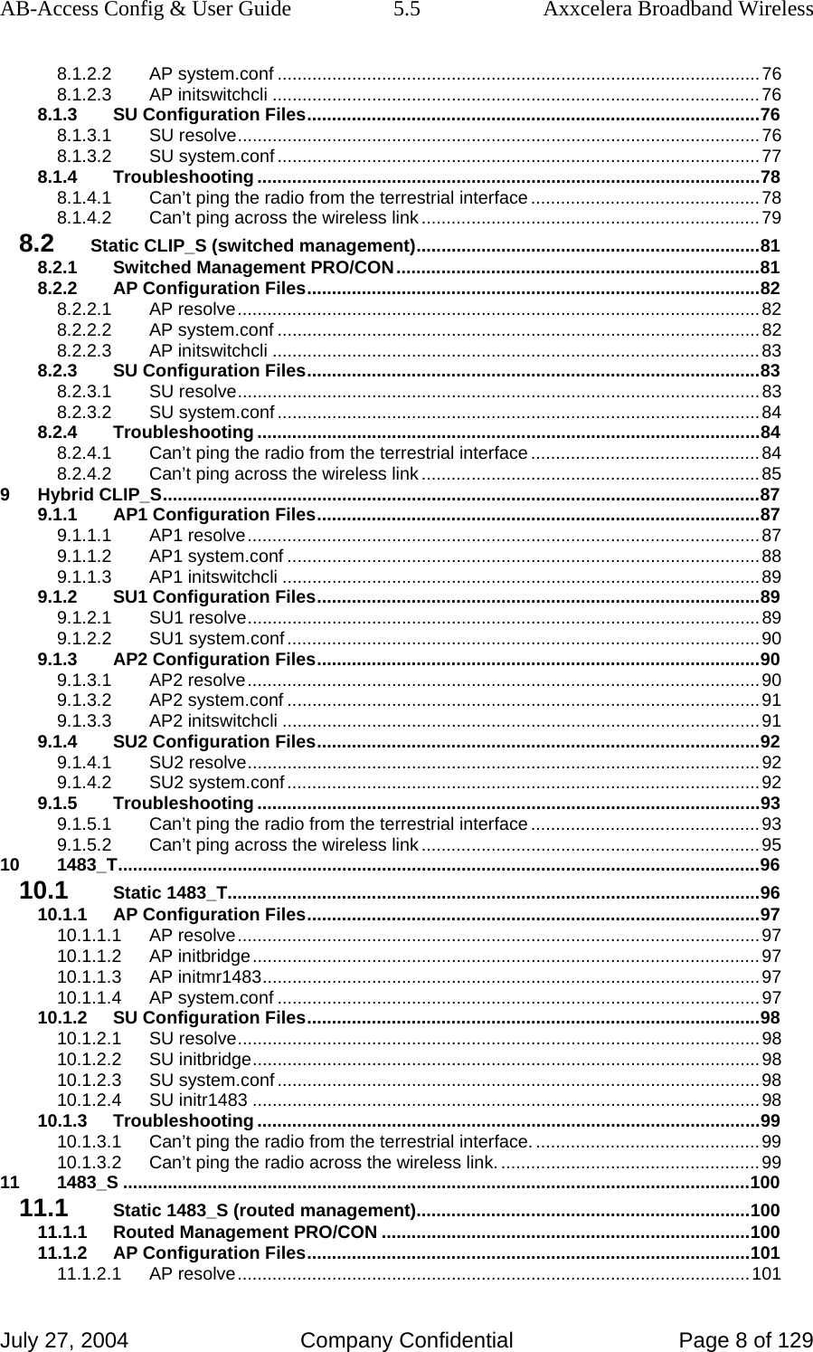 AB-Access Config &amp; User Guide  5.5  Axxcelera Broadband Wireless July 27, 2004  Company Confidential  Page 8 of 129 8.1.2.2 AP system.conf .................................................................................................76 8.1.2.3 AP initswitchcli ..................................................................................................76 8.1.3 SU Configuration Files...........................................................................................76 8.1.3.1 SU resolve.........................................................................................................76 8.1.3.2 SU system.conf .................................................................................................77 8.1.4 Troubleshooting .....................................................................................................78 8.1.4.1 Can’t ping the radio from the terrestrial interface..............................................78 8.1.4.2 Can’t ping across the wireless link ....................................................................79 8.2 Static CLIP_S (switched management).....................................................................81 8.2.1 Switched Management PRO/CON.........................................................................81 8.2.2 AP Configuration Files...........................................................................................82 8.2.2.1 AP resolve.........................................................................................................82 8.2.2.2 AP system.conf .................................................................................................82 8.2.2.3 AP initswitchcli ..................................................................................................83 8.2.3 SU Configuration Files...........................................................................................83 8.2.3.1 SU resolve.........................................................................................................83 8.2.3.2 SU system.conf .................................................................................................84 8.2.4 Troubleshooting .....................................................................................................84 8.2.4.1 Can’t ping the radio from the terrestrial interface..............................................84 8.2.4.2 Can’t ping across the wireless link ....................................................................85 9 Hybrid CLIP_S........................................................................................................................87 9.1.1 AP1 Configuration Files.........................................................................................87 9.1.1.1 AP1 resolve.......................................................................................................87 9.1.1.2 AP1 system.conf ...............................................................................................88 9.1.1.3 AP1 initswitchcli ................................................................................................89 9.1.2 SU1 Configuration Files.........................................................................................89 9.1.2.1 SU1 resolve.......................................................................................................89 9.1.2.2 SU1 system.conf ...............................................................................................90 9.1.3 AP2 Configuration Files.........................................................................................90 9.1.3.1 AP2 resolve.......................................................................................................90 9.1.3.2 AP2 system.conf ...............................................................................................91 9.1.3.3 AP2 initswitchcli ................................................................................................91 9.1.4 SU2 Configuration Files.........................................................................................92 9.1.4.1 SU2 resolve.......................................................................................................92 9.1.4.2 SU2 system.conf ...............................................................................................92 9.1.5 Troubleshooting .....................................................................................................93 9.1.5.1 Can’t ping the radio from the terrestrial interface..............................................93 9.1.5.2 Can’t ping across the wireless link ....................................................................95 10 1483_T.................................................................................................................................96 10.1 Static 1483_T...........................................................................................................96 10.1.1 AP Configuration Files...........................................................................................97 10.1.1.1 AP resolve.........................................................................................................97 10.1.1.2 AP initbridge......................................................................................................97 10.1.1.3 AP initmr1483....................................................................................................97 10.1.1.4 AP system.conf .................................................................................................97 10.1.2 SU Configuration Files...........................................................................................98 10.1.2.1 SU resolve.........................................................................................................98 10.1.2.2 SU initbridge......................................................................................................98 10.1.2.3 SU system.conf .................................................................................................98 10.1.2.4 SU initr1483 ......................................................................................................98 10.1.3 Troubleshooting .....................................................................................................99 10.1.3.1 Can’t ping the radio from the terrestrial interface..............................................99 10.1.3.2 Can’t ping the radio across the wireless link. ....................................................99 11 1483_S ..............................................................................................................................100 11.1 Static 1483_S (routed management)...................................................................100 11.1.1 Routed Management PRO/CON ..........................................................................100 11.1.2 AP Configuration Files.........................................................................................101 11.1.2.1 AP resolve.......................................................................................................101 