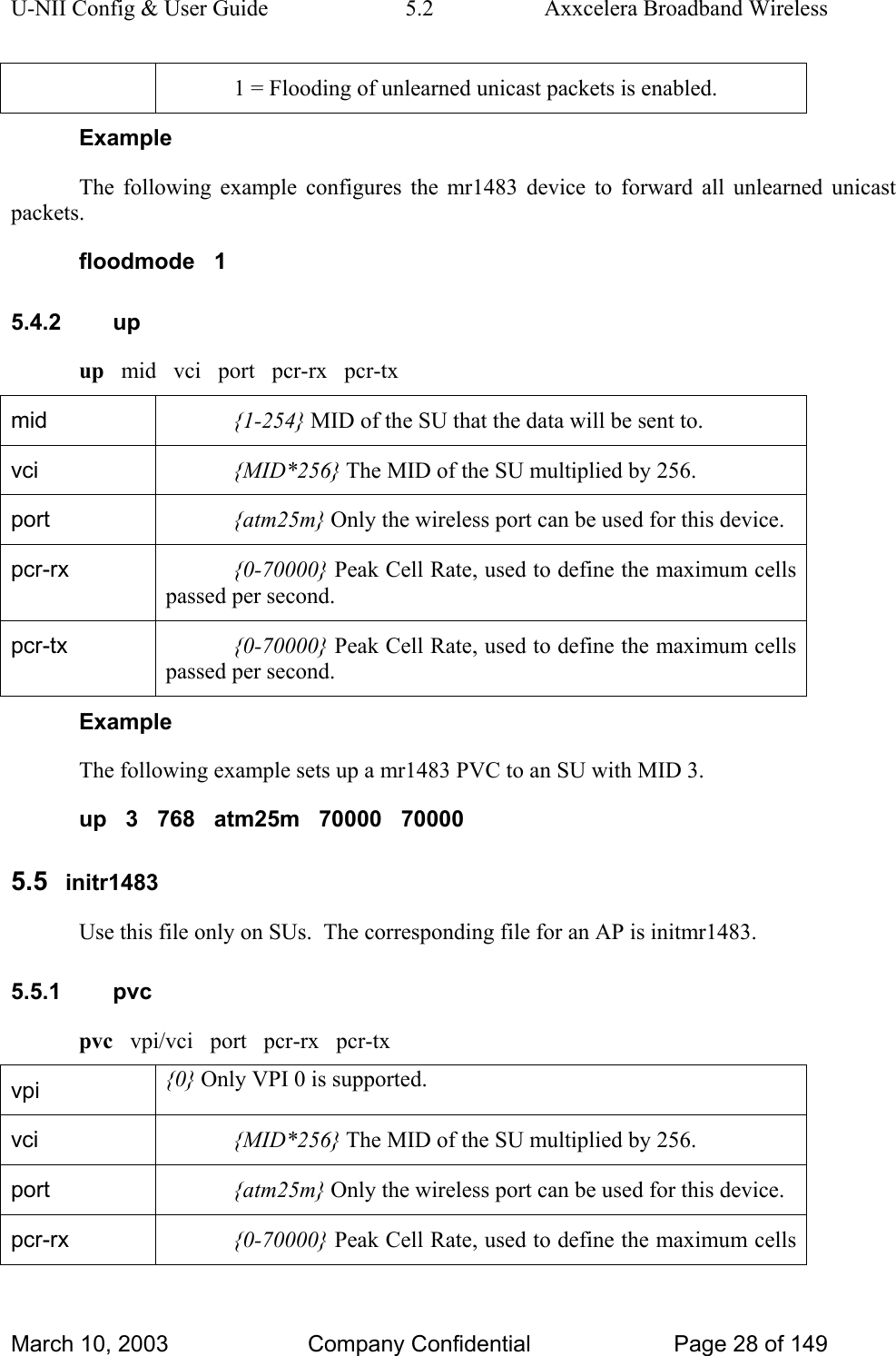 U-NII Config &amp; User Guide  5.2  Axxcelera Broadband Wireless 1 = Flooding of unlearned unicast packets is enabled. Example The following example configures the mr1483 device to forward all unlearned unicast packets. floodmode   1 5.4.2 up up   mid   vci   port   pcr-rx   pcr-tx mid  {1-254} MID of the SU that the data will be sent to. vci  {MID*256} The MID of the SU multiplied by 256. port  {atm25m} Only the wireless port can be used for this device. pcr-rx  {0-70000} Peak Cell Rate, used to define the maximum cells passed per second. pcr-tx  {0-70000} Peak Cell Rate, used to define the maximum cells passed per second. Example The following example sets up a mr1483 PVC to an SU with MID 3. up   3   768   atm25m   70000   70000 5.5  initr1483 Use this file only on SUs.  The corresponding file for an AP is initmr1483. 5.5.1 pvc pvc   vpi/vci   port   pcr-rx   pcr-tx vpi  {0} Only VPI 0 is supported. vci  {MID*256} The MID of the SU multiplied by 256. port  {atm25m} Only the wireless port can be used for this device. pcr-rx  {0-70000} Peak Cell Rate, used to define the maximum cells March 10, 2003  Company Confidential  Page 28 of 149 