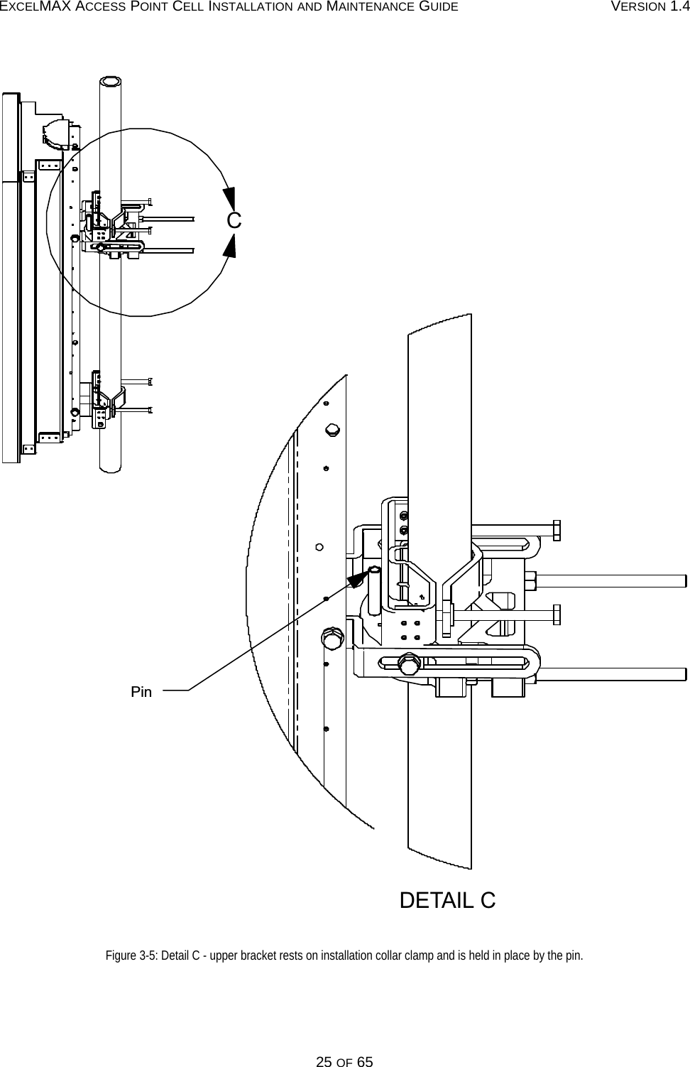 EXCELMAX ACCESS POINT CELL INSTALLATION AND MAINTENANCE GUIDE VERSION 1.425 OF 65Figure 3-5: Detail C - upper bracket rests on installation collar clamp and is held in place by the pin.CDETAIL CPin