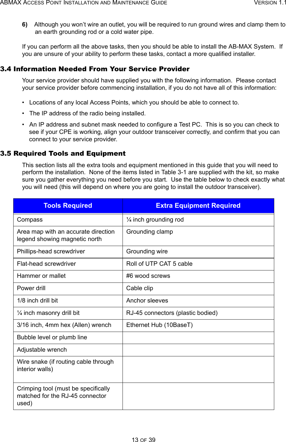 ABMAX ACCESS POINT INSTALLATION AND MAINTENANCE GUIDE VERSION 1.113 OF 396)    Although you won’t wire an outlet, you will be required to run ground wires and clamp them to an earth grounding rod or a cold water pipe. If you can perform all the above tasks, then you should be able to install the AB-MAX System.  If you are unsure of your ability to perform these tasks, contact a more qualified installer. 3.4 Information Needed From Your Service Provider Your service provider should have supplied you with the following information.  Please contact your service provider before commencing installation, if you do not have all of this information: •   Locations of any local Access Points, which you should be able to connect to. •   The IP address of the radio being installed. •   An IP address and subnet mask needed to configure a Test PC.  This is so you can check to see if your CPE is working, align your outdoor transceiver correctly, and confirm that you can connect to your service provider. 3.5 Required Tools and Equipment This section lists all the extra tools and equipment mentioned in this guide that you will need to perform the installation.  None of the items listed in Table 3-1 are supplied with the kit, so make sure you gather everything you need before you start.  Use the table below to check exactly what you will need (this will depend on where you are going to install the outdoor transceiver). Tools Required Extra Equipment RequiredCompass  ¼ inch grounding rod Area map with an accurate direction legend showing magnetic north Grounding clamp Phillips-head screwdriver  Grounding wire Flat-head screwdriver  Roll of UTP CAT 5 cable Hammer or mallet  #6 wood screws Power drill  Cable clip 1/8 inch drill bit  Anchor sleeves ¼ inch masonry drill bit  RJ-45 connectors (plastic bodied) 3/16 inch, 4mm hex (Allen) wrench  Ethernet Hub (10BaseT)Bubble level or plumb line Adjustable wrench Wire snake (if routing cable through interior walls) Crimping tool (must be specifically matched for the RJ-45 connector used) 