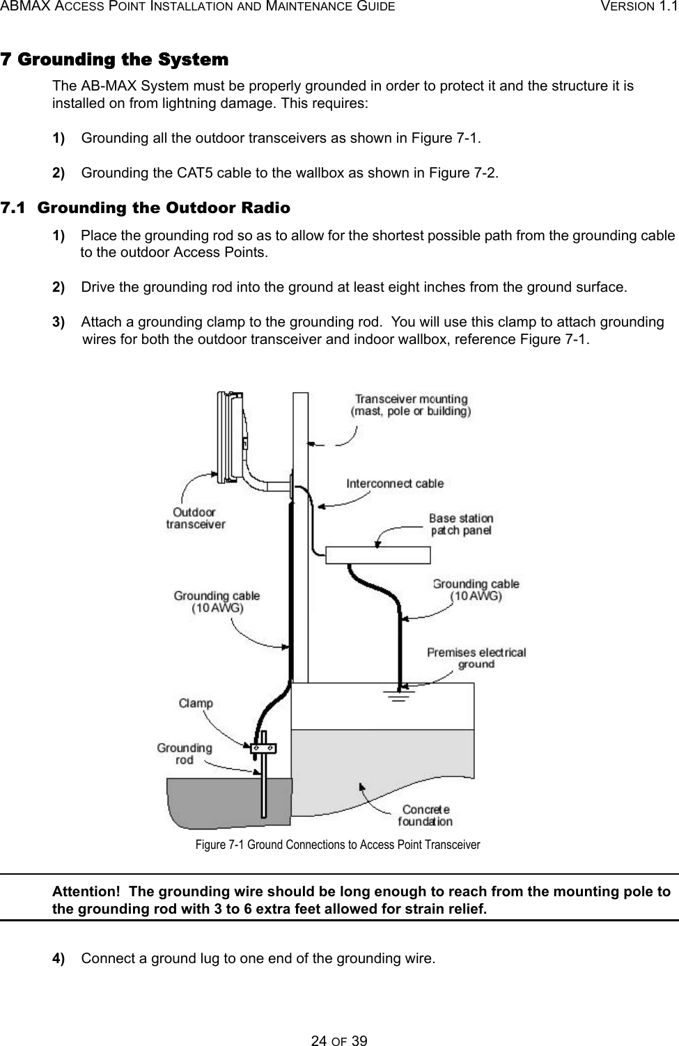 ABMAX ACCESS POINT INSTALLATION AND MAINTENANCE GUIDE VERSION 1.124 OF 397 Grounding the System The AB-MAX System must be properly grounded in order to protect it and the structure it is installed on from lightning damage. This requires: 1)    Grounding all the outdoor transceivers as shown in Figure 7-1. 2)    Grounding the CAT5 cable to the wallbox as shown in Figure 7-2. 7.1  Grounding the Outdoor Radio 1)    Place the grounding rod so as to allow for the shortest possible path from the grounding cable to the outdoor Access Points. 2)    Drive the grounding rod into the ground at least eight inches from the ground surface. 3)    Attach a grounding clamp to the grounding rod.  You will use this clamp to attach grounding wires for both the outdoor transceiver and indoor wallbox, reference Figure 7-1.  Figure 7-1 Ground Connections to Access Point Transceiver Attention!  The grounding wire should be long enough to reach from the mounting pole to the grounding rod with 3 to 6 extra feet allowed for strain relief. 4)    Connect a ground lug to one end of the grounding wire. 