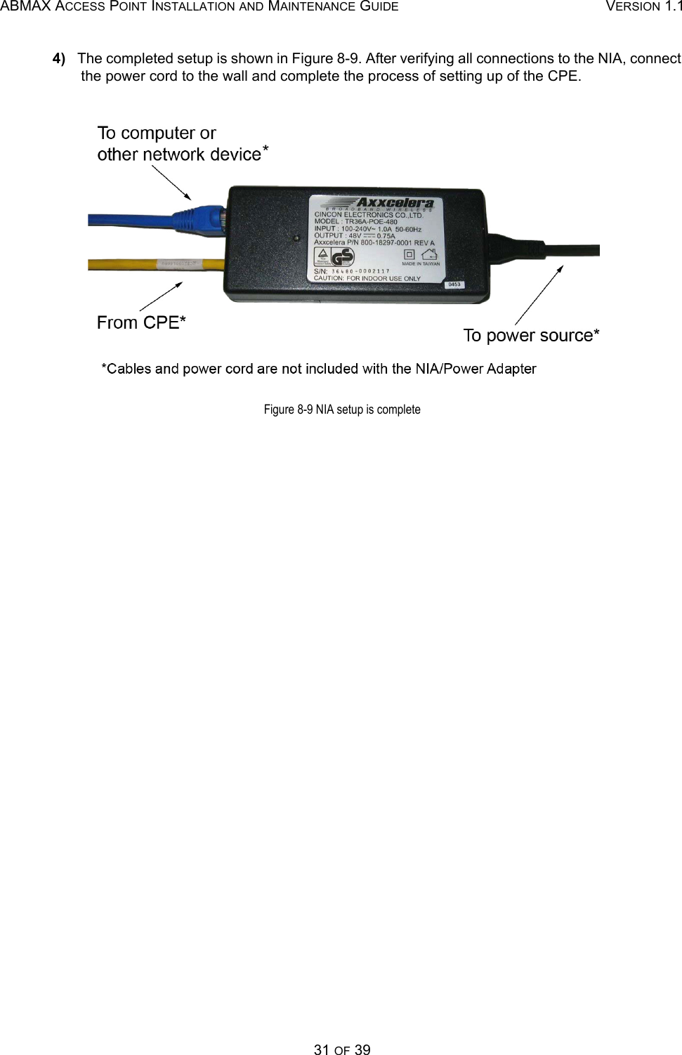 ABMAX ACCESS POINT INSTALLATION AND MAINTENANCE GUIDE VERSION 1.131 OF 394)   The completed setup is shown in Figure 8-9. After verifying all connections to the NIA, connect the power cord to the wall and complete the process of setting up of the CPE.Figure 8-9 NIA setup is complete