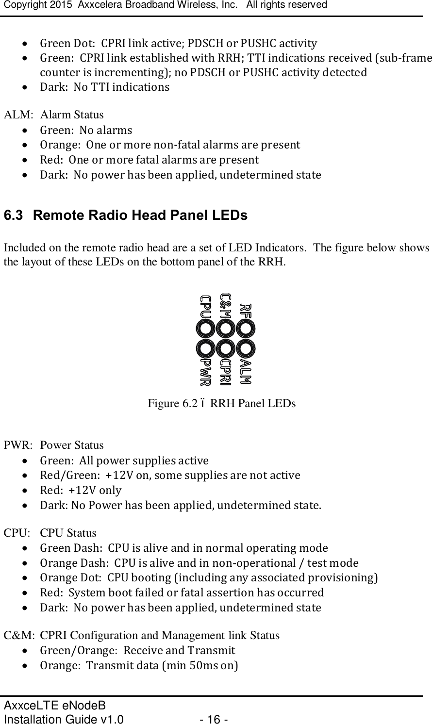 Copyright 2015  Axxcelera Broadband Wireless, Inc.   All rights reserved   AxxceLTE eNodeB  Installation Guide v1.0  - 16 -     · Green Dot:  CPRI link active; PDSCH or PUSHC activity · Green:  CPRI link established with RRH; TTI indications received (sub-frame counter is incrementing); no PDSCH or PUSHC activity detected · Dark:  No TTI indications  ALM:  Alarm Status · Green:  No alarms · Orange:  One or more non-fatal alarms are present · Red:  One or more fatal alarms are present · Dark:  No power has been applied, undetermined state  6.3  Remote Radio Head Panel LEDs  Included on the remote radio head are a set of LED Indicators.  The figure below shows the layout of these LEDs on the bottom panel of the RRH.   Figure 6.2 – RRH Panel LEDs   PWR:  Power Status · Green:  All power supplies active · Red/Green:  +12V on, some supplies are not active · Red:  +12V only · Dark: No Power has been applied, undetermined state.  CPU:  CPU Status · Green Dash:  CPU is alive and in normal operating mode · Orange Dash:  CPU is alive and in non-operational / test mode · Orange Dot:  CPU booting (including any associated provisioning) · Red:  System boot failed or fatal assertion has occurred · Dark:  No power has been applied, undetermined state  C&amp;M: CPRI Configuration and Management link Status · Green/Orange:  Receive and Transmit · Orange:  Transmit data (min 50ms on) 