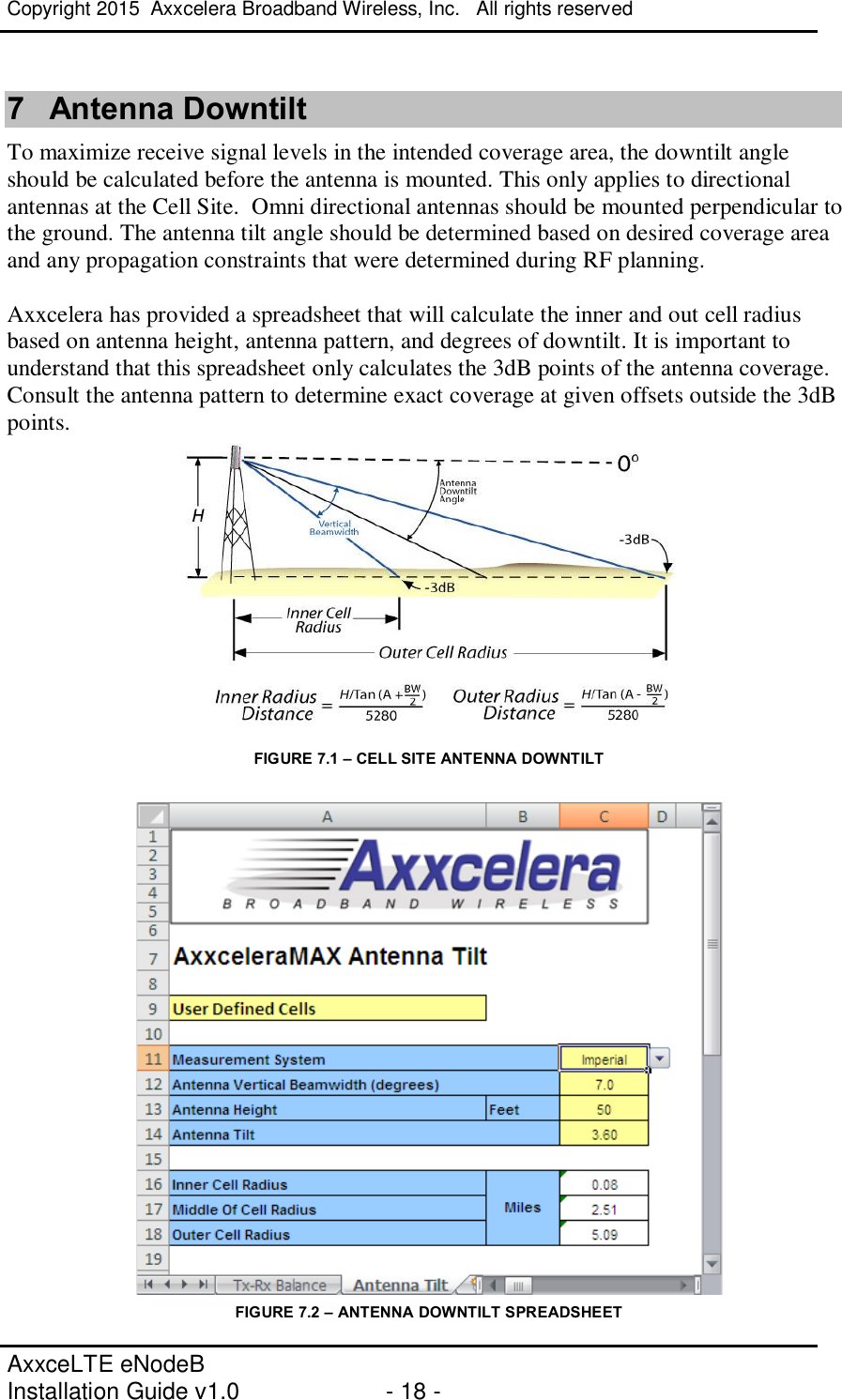 Copyright 2015  Axxcelera Broadband Wireless, Inc.   All rights reserved   AxxceLTE eNodeB  Installation Guide v1.0  - 18 -     7  Antenna Downtilt To maximize receive signal levels in the intended coverage area, the downtilt angle should be calculated before the antenna is mounted. This only applies to directional antennas at the Cell Site.  Omni directional antennas should be mounted perpendicular to the ground. The antenna tilt angle should be determined based on desired coverage area and any propagation constraints that were determined during RF planning.   Axxcelera has provided a spreadsheet that will calculate the inner and out cell radius based on antenna height, antenna pattern, and degrees of downtilt. It is important to understand that this spreadsheet only calculates the 3dB points of the antenna coverage. Consult the antenna pattern to determine exact coverage at given offsets outside the 3dB points.       FIGURE 7.1 – CELL SITE ANTENNA DOWNTILT FIGURE 7.2 – ANTENNA DOWNTILT SPREADSHEET 