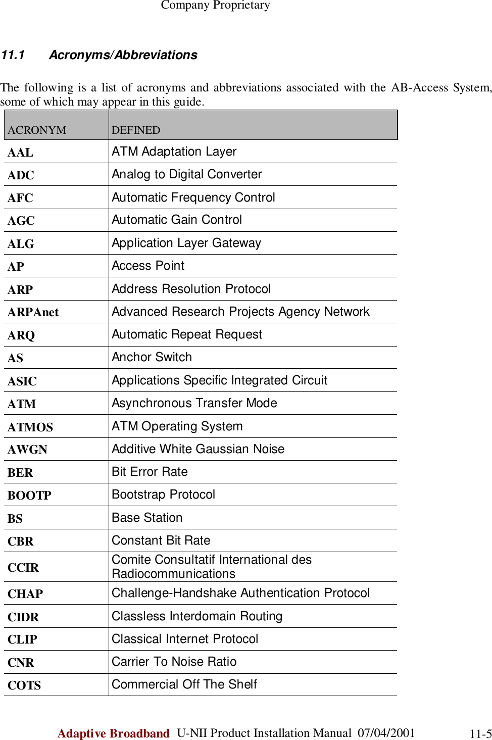                                                    Company ProprietaryAdaptive Broadband  U-NII Product Installation Manual  07/04/2001 11-511.1       Acronyms/AbbreviationsThe following is a list of acronyms and abbreviations associated with the AB-Access System,some of which may appear in this guide.ACRONYM DEFINEDAAL ATM Adaptation LayerADC Analog to Digital ConverterAFC Automatic Frequency ControlAGC Automatic Gain ControlALG Application Layer GatewayAP Access PointARP Address Resolution ProtocolARPAnet Advanced Research Projects Agency NetworkARQ Automatic Repeat RequestAS Anchor SwitchASIC Applications Specific Integrated CircuitATM Asynchronous Transfer ModeATMOS ATM Operating SystemAWGN Additive White Gaussian NoiseBER Bit Error RateBOOTP Bootstrap ProtocolBS Base StationCBR Constant Bit RateCCIR Comite Consultatif International desRadiocommunicationsCHAP Challenge-Handshake Authentication ProtocolCIDR Classless Interdomain RoutingCLIP Classical Internet ProtocolCNR Carrier To Noise RatioCOTS Commercial Off The Shelf