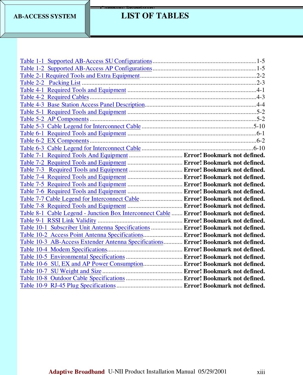                                                    Company ProprietaryAdaptive Broadband  U-NII Product Installation Manual  05/29/2001 xiii                           LIST OF TABLESTable 1-1  Supported AB-Access SU Configurations..................................................................1-5Table 1-2  Supported AB-Access AP Configurations..................................................................1-5Table 2-1 Required Tools and Extra Equipment..........................................................................2-2Table 2-2   Packing List ...............................................................................................................2-3Table 4-1  Required Tools and Equipment ..................................................................................4-1Table 4-2  Required Cables..........................................................................................................4-3Table 4-3  Base Station Access Panel Description.......................................................................4-4Table 5-1  Required Tools and Equipment ..................................................................................5-2Table 5-2  AP Components ..........................................................................................................5-2Table 5-3  Cable Legend for Interconnect Cable.......................................................................5-10Table 6-1  Required Tools and Equipment ..................................................................................6-1Table 6-2  EX Components..........................................................................................................6-2Table 6-3  Cable Legend for Interconnect Cable.......................................................................6-10Table 7-1  Required Tools And Equipment .................................. Error! Bookmark not defined.Table 7-2  Required Tools and Equipment ................................... Error! Bookmark not defined.Table 7-3   Required Tools and Equipment .................................. Error! Bookmark not defined.Table 7-4  Required Tools and Equipment ................................... Error! Bookmark not defined.Table 7-5  Required Tools and Equipment ................................... Error! Bookmark not defined.Table 7-6  Required Tools and Equipment ................................... Error! Bookmark not defined.Table 7-7 Cable Legend for Interconnect Cable........................... Error! Bookmark not defined.Table 7-8  Required Tools and Equipment ................................... Error! Bookmark not defined.Table 8-1  Cable Legend - Junction Box Interconnect Cable ....... Error! Bookmark not defined.Table 9-1  RSSI Link Validity ...................................................... Error! Bookmark not defined.Table 10-1  Subscriber Unit Antenna Specifications.................... Error! Bookmark not defined.Table 10-2  Access Point Antenna Specifications......................... Error! Bookmark not defined.Table 10-3  AB-Access Extender Antenna Specifications............ Error! Bookmark not defined.Table 10-4  Modem Specifications................................................ Error! Bookmark not defined.Table 10-5  Environmental Specifications.................................... Error! Bookmark not defined.Table 10-6  SU, EX and AP Power Consumption......................... Error! Bookmark not defined.Table 10-7  SU Weight and Size................................................... Error! Bookmark not defined.Table 10-8  Outdoor Cable Specifications.................................... Error! Bookmark not defined.Table 10-9  RJ-45 Plug Specifications.......................................... Error! Bookmark not defined.AB-ACCESS SYSTEM        LIST OF TABLES