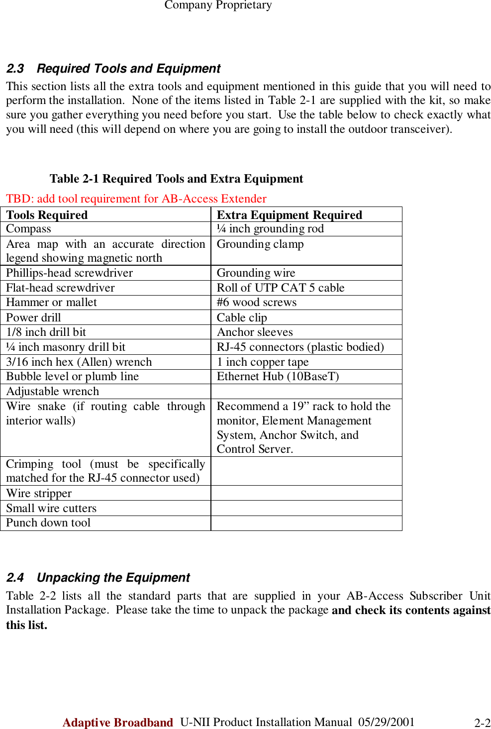                                                    Company ProprietaryAdaptive Broadband  U-NII Product Installation Manual  05/29/2001 2-22.3  Required Tools and EquipmentThis section lists all the extra tools and equipment mentioned in this guide that you will need toperform the installation.  None of the items listed in Table 2-1 are supplied with the kit, so makesure you gather everything you need before you start.  Use the table below to check exactly whatyou will need (this will depend on where you are going to install the outdoor transceiver).              Table 2-1 Required Tools and Extra EquipmentTBD: add tool requirement for AB-Access ExtenderTools Required Extra Equipment RequiredCompass ¼ inch grounding rodArea map with an accurate directionlegend showing magnetic north Grounding clampPhillips-head screwdriver Grounding wireFlat-head screwdriver Roll of UTP CAT 5 cableHammer or mallet #6 wood screwsPower drill Cable clip1/8 inch drill bit Anchor sleeves¼ inch masonry drill bit RJ-45 connectors (plastic bodied)3/16 inch hex (Allen) wrench 1 inch copper tapeBubble level or plumb line Ethernet Hub (10BaseT)Adjustable wrenchWire snake (if routing cable throughinterior walls) Recommend a 19” rack to hold themonitor, Element ManagementSystem, Anchor Switch, andControl Server.Crimping tool (must be specificallymatched for the RJ-45 connector used)Wire stripperSmall wire cuttersPunch down tool2.4  Unpacking the EquipmentTable 2-2 lists all the standard parts that are supplied in your AB-Access Subscriber UnitInstallation Package.  Please take the time to unpack the package and check its contents againstthis list.