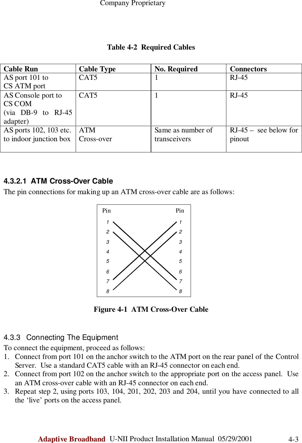                                                    Company ProprietaryAdaptive Broadband  U-NII Product Installation Manual  05/29/2001 4-3Table 4-2  Required CablesCable Run Cable Type No. Required ConnectorsAS port 101 toCS ATM port CAT5 1 RJ-45AS Console port toCS COM(via DB-9 to RJ-45adapter)CAT5 1 RJ-45AS ports 102, 103 etc.to indoor junction box ATMCross-over Same as number oftransceivers RJ-45 –  see below forpinout4.3.2.1  ATM Cross-Over CableThe pin connections for making up an ATM cross-over cable are as follows:Figure 4-1  ATM Cross-Over Cable4.3.3  Connecting The EquipmentTo connect the equipment, proceed as follows:1. Connect from port 101 on the anchor switch to the ATM port on the rear panel of the ControlServer.  Use a standard CAT5 cable with an RJ-45 connector on each end.2. Connect from port 102 on the anchor switch to the appropriate port on the access panel.  Usean ATM cross-over cable with an RJ-45 connector on each end.3. Repeat step 2, using ports 103, 104, 201, 202, 203 and 204, until you have connected to allthe ‘live’ ports on the access panel.Pin12345678Pin12345678