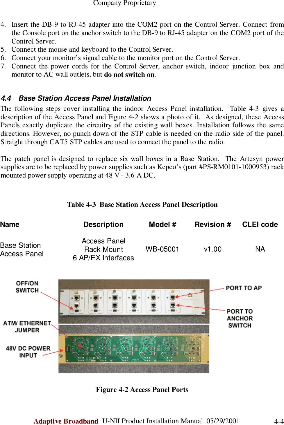                                                    Company ProprietaryAdaptive Broadband  U-NII Product Installation Manual  05/29/2001 4-44. Insert the DB-9 to RJ-45 adapter into the COM2 port on the Control Server. Connect fromthe Console port on the anchor switch to the DB-9 to RJ-45 adapter on the COM2 port of theControl Server.5. Connect the mouse and keyboard to the Control Server.6. Connect your monitor’s signal cable to the monitor port on the Control Server.7. Connect the power cords for the Control Server, anchor switch, indoor junction box andmonitor to AC wall outlets, but do not switch on.4.4  Base Station Access Panel InstallationThe following steps cover installing the indoor Access Panel installation.  Table 4-3 gives adescription of the Access Panel and Figure 4-2 shows a photo of it.  As designed, these AccessPanels exactly duplicate the circuitry of the existing wall boxes. Installation follows the samedirections. However, no punch down of the STP cable is needed on the radio side of the panel.Straight through CAT5 STP cables are used to connect the panel to the radio.The patch panel is designed to replace six wall boxes in a Base Station.  The Artesyn powersupplies are to be replaced by power supplies such as Kepco’s (part #PS-RM0101-1000953) rackmounted power supply operating at 48 V - 3.6 A DC.Table 4-3  Base Station Access Panel DescriptionName Description Model # Revision # CLEI code      Base StationAccess PanelAccess PanelRack Mount6 AP/EX Interfaces WB-05001 v1.00 NAFigure 4-2 Access Panel Ports