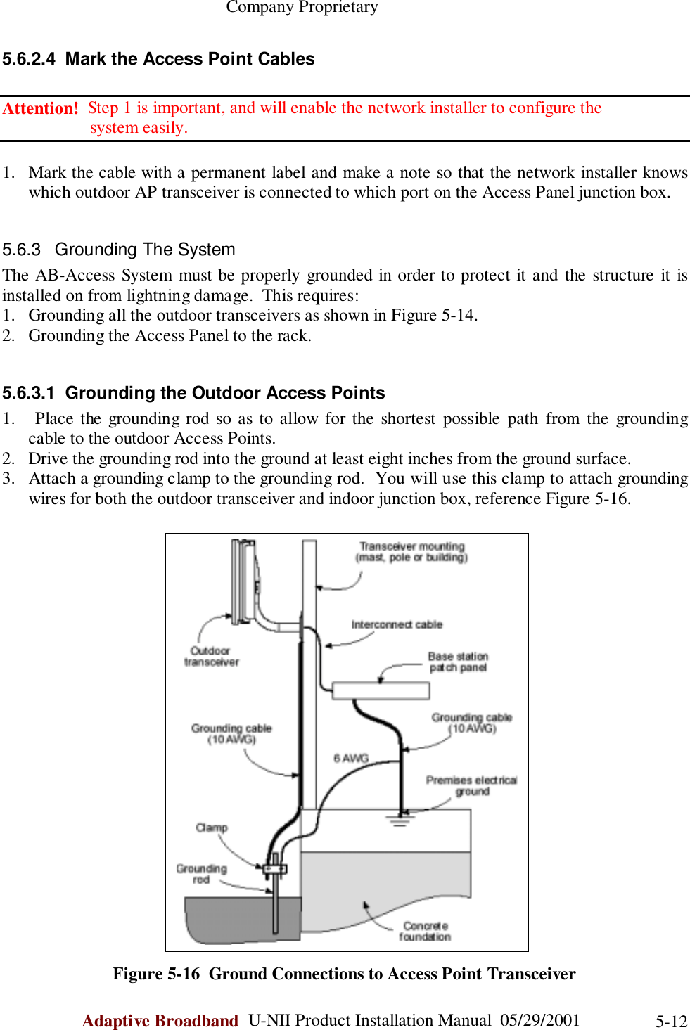                                                    Company ProprietaryAdaptive Broadband  U-NII Product Installation Manual  05/29/2001 5-125.6.2.4  Mark the Access Point CablesAttention!  Step 1 is important, and will enable the network installer to configure the                    system easily.1. Mark the cable with a permanent label and make a note so that the network installer knowswhich outdoor AP transceiver is connected to which port on the Access Panel junction box.5.6.3  Grounding The SystemThe AB-Access System must be properly grounded in order to protect it and the structure it isinstalled on from lightning damage.  This requires:1. Grounding all the outdoor transceivers as shown in Figure 5-14.2. Grounding the Access Panel to the rack.5.6.3.1  Grounding the Outdoor Access Points1.  Place the grounding rod so as to allow for the shortest possible path from the groundingcable to the outdoor Access Points.2. Drive the grounding rod into the ground at least eight inches from the ground surface.3. Attach a grounding clamp to the grounding rod.  You will use this clamp to attach groundingwires for both the outdoor transceiver and indoor junction box, reference Figure 5-16.Figure 5-16  Ground Connections to Access Point Transceiver