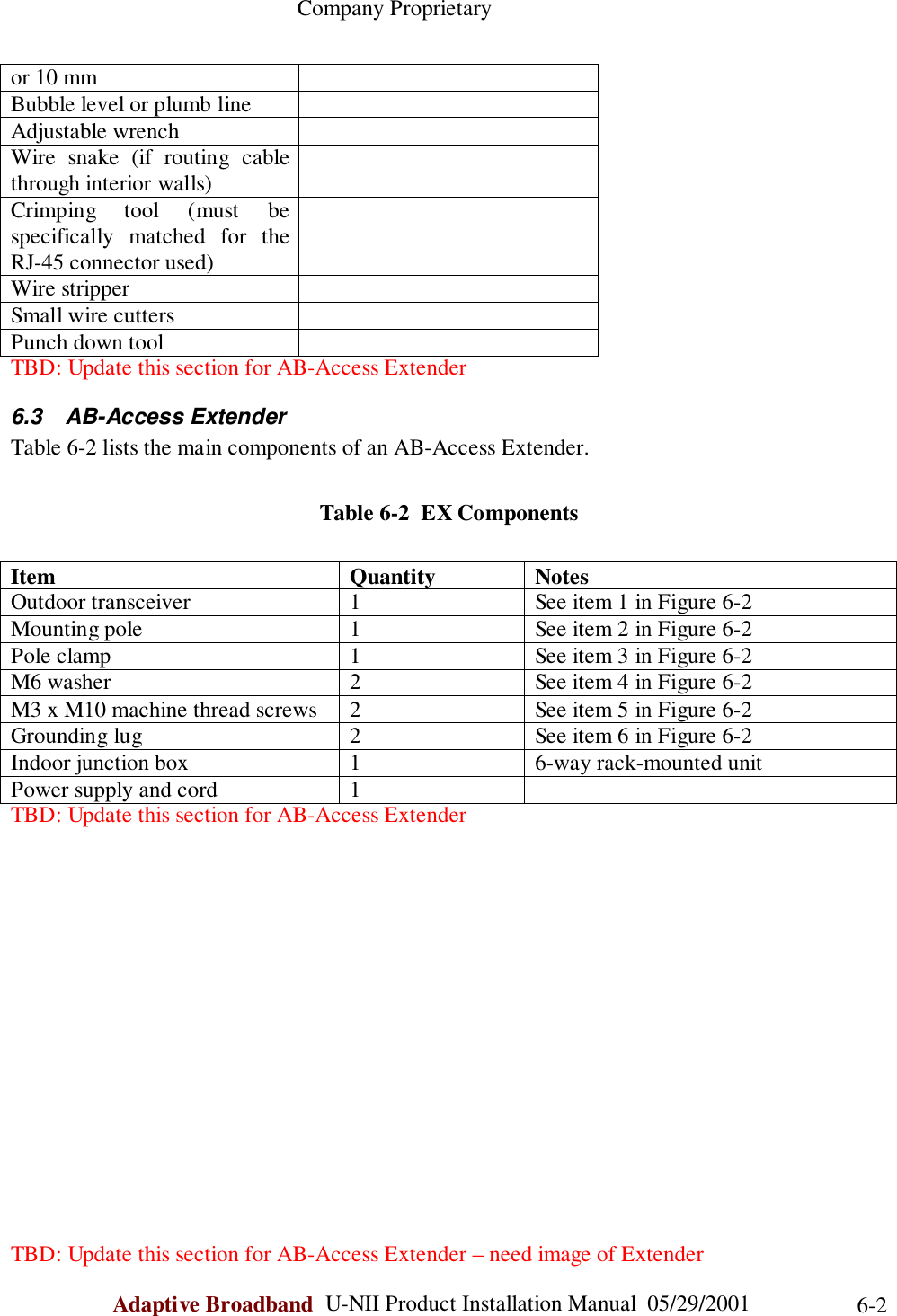                                                    Company ProprietaryAdaptive Broadband  U-NII Product Installation Manual  05/29/2001 6-2or 10 mmBubble level or plumb lineAdjustable wrenchWire snake (if routing cablethrough interior walls)Crimping tool (must bespecifically matched for theRJ-45 connector used)Wire stripperSmall wire cuttersPunch down toolTBD: Update this section for AB-Access Extender6.3 AB-Access ExtenderTable 6-2 lists the main components of an AB-Access Extender.Table 6-2  EX ComponentsItem Quantity NotesOutdoor transceiver 1 See item 1 in Figure 6-2Mounting pole 1 See item 2 in Figure 6-2Pole clamp 1 See item 3 in Figure 6-2M6 washer 2 See item 4 in Figure 6-2M3 x M10 machine thread screws 2 See item 5 in Figure 6-2Grounding lug 2 See item 6 in Figure 6-2Indoor junction box 1 6-way rack-mounted unitPower supply and cord 1TBD: Update this section for AB-Access ExtenderTBD: Update this section for AB-Access Extender – need image of Extender