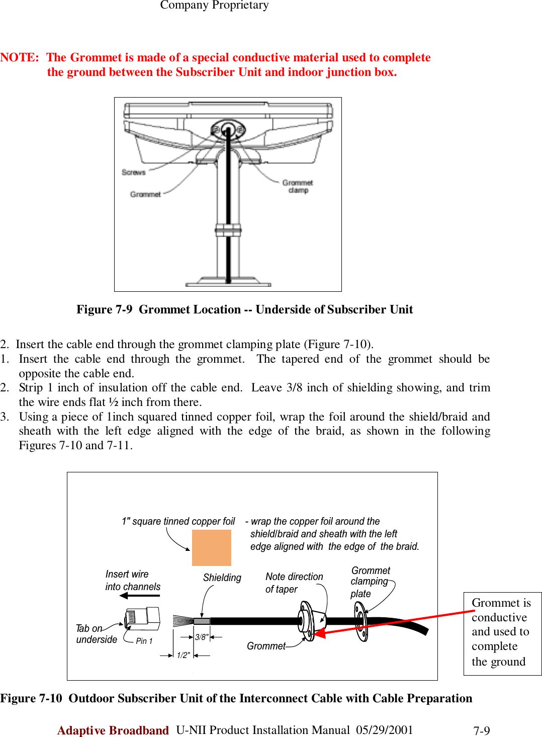                                                    Company ProprietaryAdaptive Broadband  U-NII Product Installation Manual  05/29/2001 7-9NOTE:  The Grommet is made of a special conductive material used to complete               the ground between the Subscriber Unit and indoor junction box.Figure 7-9  Grommet Location -- Underside of Subscriber Unit2.  Insert the cable end through the grommet clamping plate (Figure 7-10).1. Insert the cable end through the grommet.  The tapered end of the grommet should beopposite the cable end.2. Strip 1 inch of insulation off the cable end.  Leave 3/8 inch of shielding showing, and trimthe wire ends flat ½ inch from there.3. Using a piece of 1inch squared tinned copper foil, wrap the foil around the shield/braid andsheath with the left edge aligned with the edge of the braid, as shown in the followingFigures 7-10 and 7-11.Figure 7-10  Outdoor Subscriber Unit of the Interconnect Cable with Cable PreparationGrommetGrommetclampingplateNote directionof taperInsert wireinto channels1/2&quot;3/8&quot;ShieldingPin 1Tab onunderside1&quot; square tinned copper foil - wrap the copper foil around the   shield/braid and sheath with the left   edge aligned with  the edge of  the braid.Grommet isconductiveand used tocompletethe ground