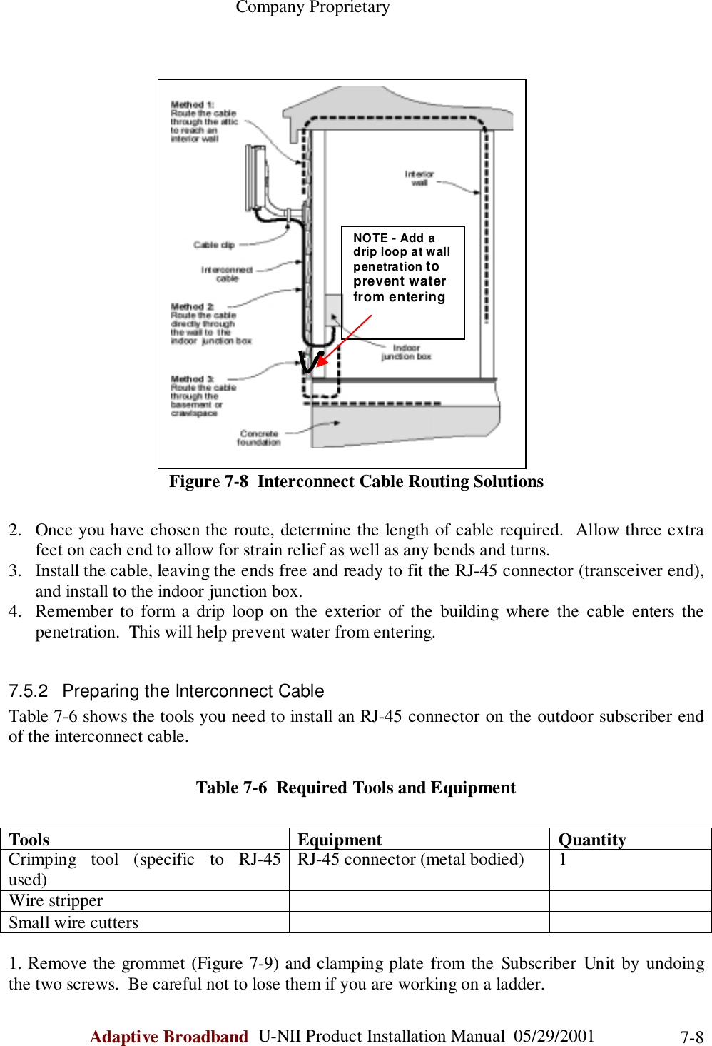                                                    Company ProprietaryAdaptive Broadband  U-NII Product Installation Manual  05/29/2001 7-8Figure 7-8  Interconnect Cable Routing Solutions2. Once you have chosen the route, determine the length of cable required.  Allow three extrafeet on each end to allow for strain relief as well as any bends and turns.3. Install the cable, leaving the ends free and ready to fit the RJ-45 connector (transceiver end),and install to the indoor junction box.4. Remember to form a drip loop on the exterior of the building where the cable enters thepenetration.  This will help prevent water from entering.7.5.2  Preparing the Interconnect CableTable 7-6 shows the tools you need to install an RJ-45 connector on the outdoor subscriber endof the interconnect cable.Table 7-6  Required Tools and EquipmentTools Equipment QuantityCrimping tool (specific to RJ-45used) RJ-45 connector (metal bodied) 1Wire stripperSmall wire cutters1. Remove the grommet (Figure 7-9) and clamping plate from the Subscriber Unit by undoingthe two screws.  Be careful not to lose them if you are working on a ladder.NOTE - Add adrip loop at wallpenetration toprevent waterfrom entering