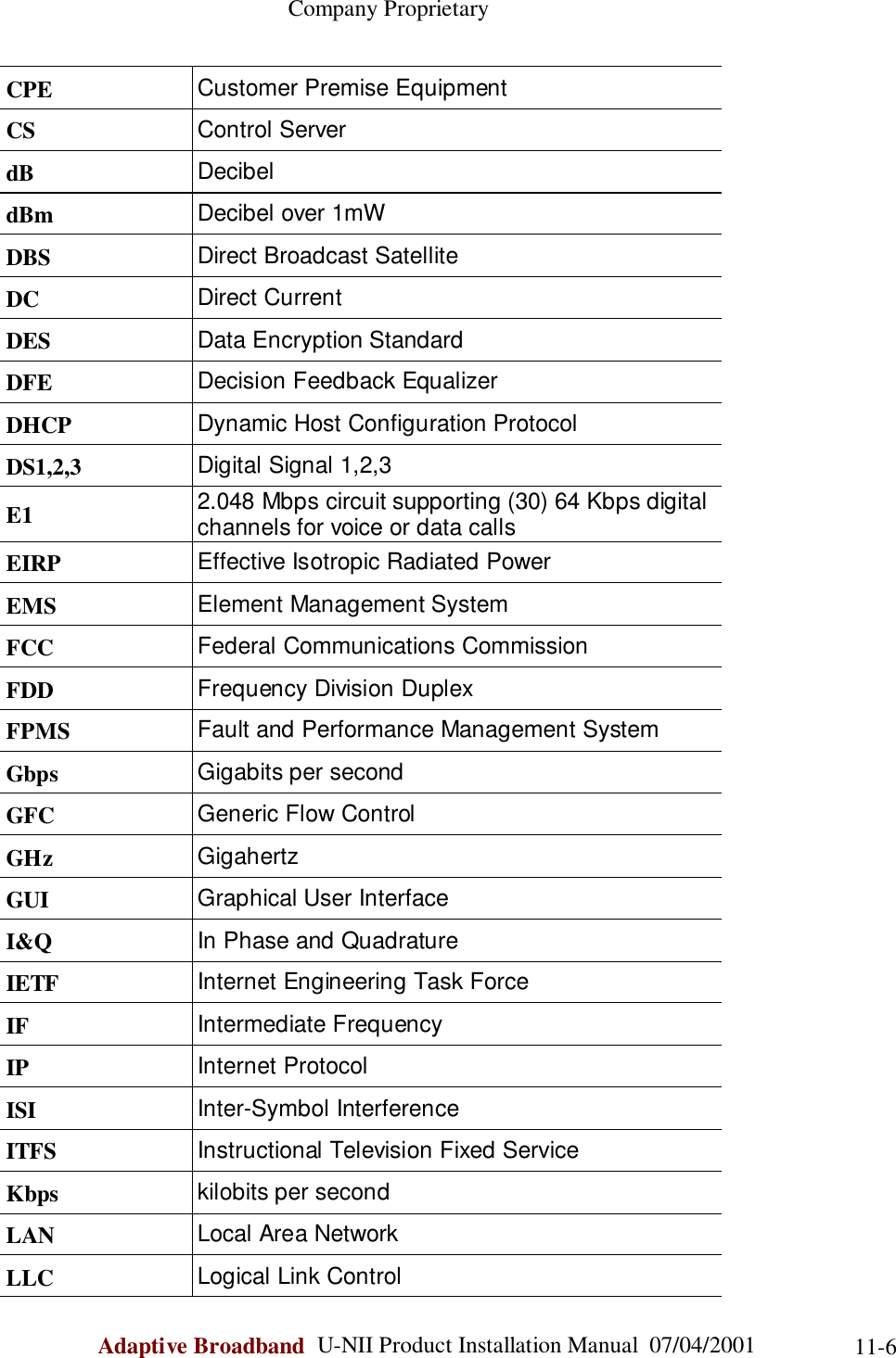                                                    Company ProprietaryAdaptive Broadband  U-NII Product Installation Manual  07/04/2001 11-6CPE Customer Premise EquipmentCS Control ServerdB DecibeldBm Decibel over 1mWDBS Direct Broadcast SatelliteDC Direct CurrentDES Data Encryption StandardDFE Decision Feedback EqualizerDHCP Dynamic Host Configuration ProtocolDS1,2,3 Digital Signal 1,2,3E1 2.048 Mbps circuit supporting (30) 64 Kbps digitalchannels for voice or data callsEIRP Effective Isotropic Radiated PowerEMS Element Management SystemFCC Federal Communications CommissionFDD Frequency Division DuplexFPMS Fault and Performance Management SystemGbps Gigabits per secondGFC Generic Flow ControlGHz GigahertzGUI Graphical User InterfaceI&amp;Q In Phase and QuadratureIETF Internet Engineering Task ForceIF Intermediate FrequencyIP Internet ProtocolISI Inter-Symbol InterferenceITFS Instructional Television Fixed ServiceKbps kilobits per secondLAN Local Area NetworkLLC Logical Link Control